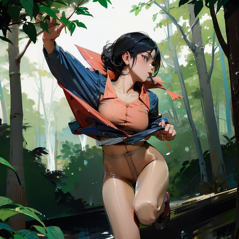 Raised sexy,sport,Wet clothing,Harnes,Extra short hot pants,Oriental beauty running in the woods