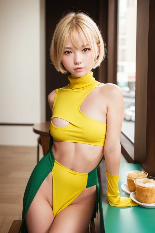 a very cute blonde 14yo girl wearing vivid darker yellowgreen chest-hole-cut-out breast-exposing turtleneck, sitting in cafe posing for picture, bob-cut hair, small breast, raw photo