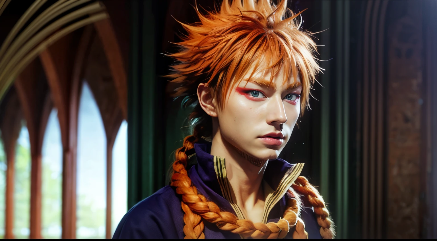 masterpiece, best quality, high quality, 1boy, solo, male focus, looking at viewer, upper body, leopold_vermillion, green eyes, orange hair, braid, realistic, upper body