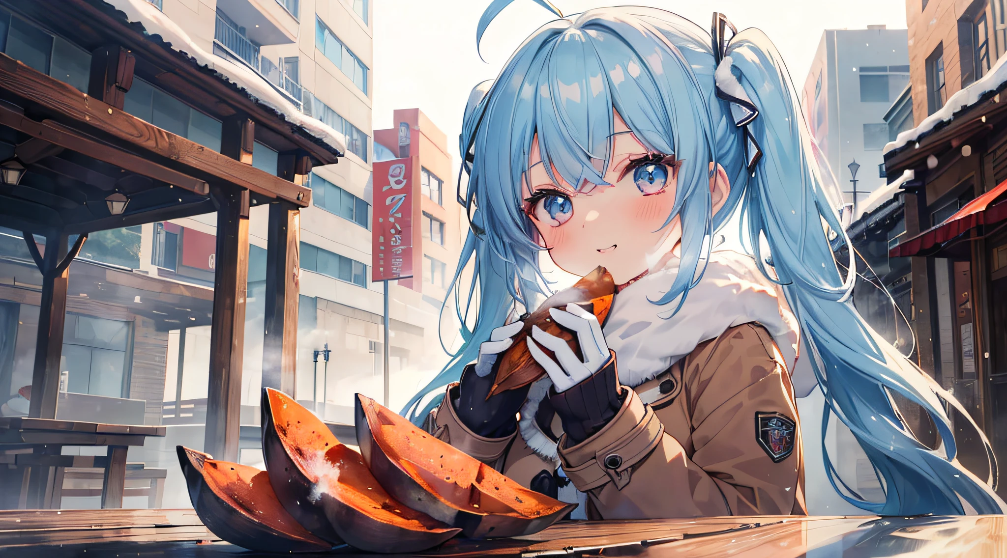 masutepiece, Ultra Detail, Hyper-Resolution, Highest Quality, 1 female (((Perfect body), Solo, mideum breasts, High resolution bright smile, Parted lips, blush, light blue medium long hair, Twin tail, Dark brown eye, Duffel coat, winter mittens, White breath, Rim lighting, No extra fingers, No extra arms, No extra legs, (8K Portrait), Eat baked sweet potatoes)), Background((Asagiri Park in winter)), 8K Wallpaper, Anime.
