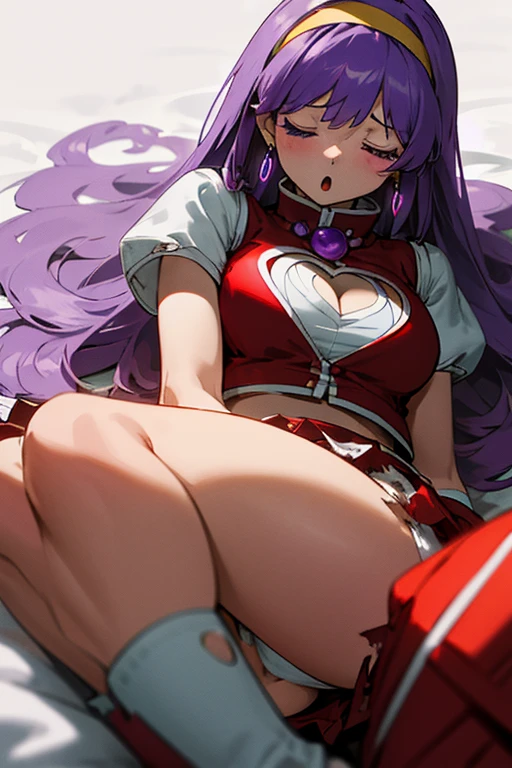 close up, from front, (masterpiece), (best quality), (ultra-detailed), intricate detail, athena97, 1girl, solo, purple eyes, purple hair, long hair, white earrings, yellow hairband, red heart ornament, medium breats, red vest, white turtleneck, white puffy sleeves, red pleated skirt,purple sphere shape necklace, white fingerless gloves, white socks, red boots,on street,moon, photography, (unconscious),cleavage cutout, blurry background, on back (white panties), :o, dirty, torn clothes, closed eyes, tottering