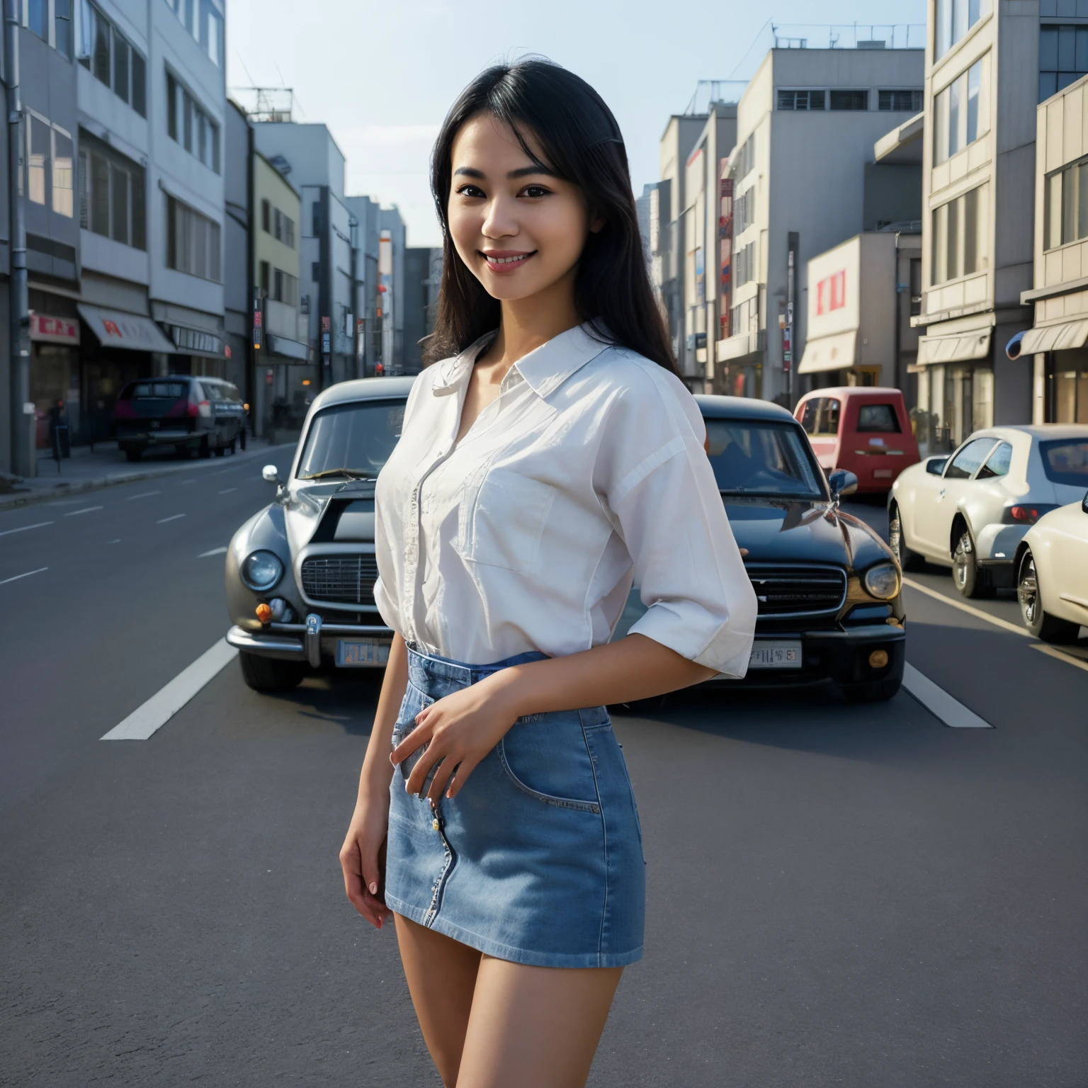 ((Best quality)), ((masterpiece)), ((realistic)), Girl with flawless beauty standing in a Japanese city with cars in background, scenic, masterpiece, (highres), original, extremely detailed 4K , (photorealistic:1.4),flawless face, perfect eyes, symmetrical body shape, smile
