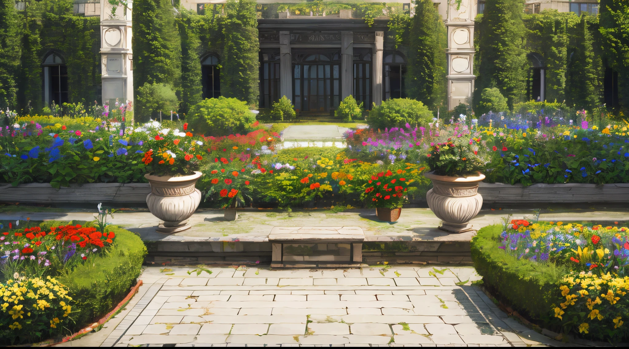 master piece, best quality, detailed, ((background only)), day, outside flower garden, modern,