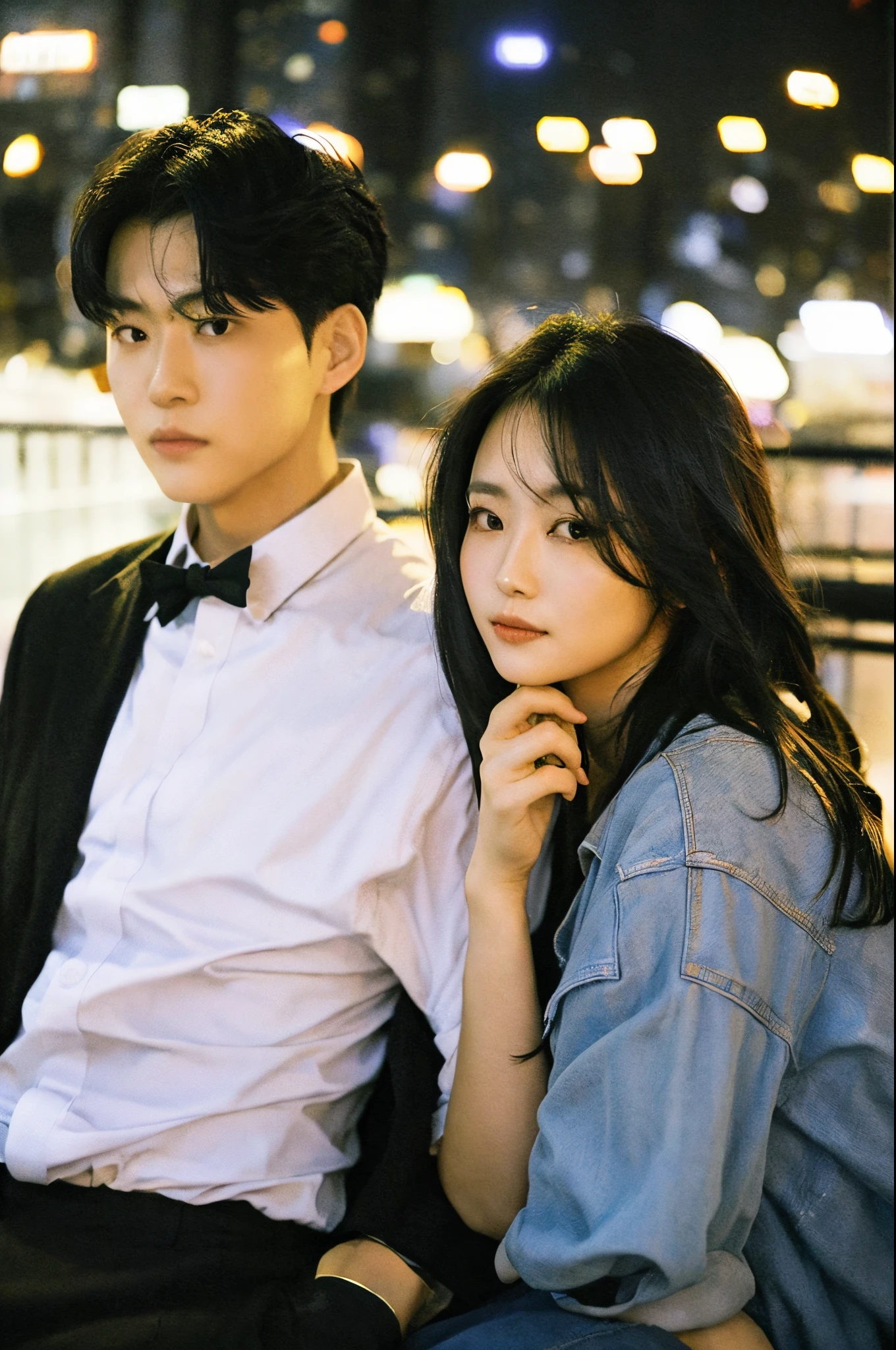 two couples are starred each other, at the middle of the park, blooming night with the city light vibes, blooming flower vibes, finely detailed skin, Korean style lighting, poster korean drama style, detailed face:1.2, sharp focus, Hasselblad photography, masterpiece, Light makeup, cinematic lighting, 4k, best quality