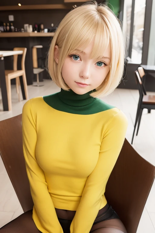 a very cute blonde 14yo girl wearing vivid darker yellowgreen chest-hole-cut-out breast-exposing turtleneck, sitting in cafe posing for picture, bob-cut hair, small breast, raw photo