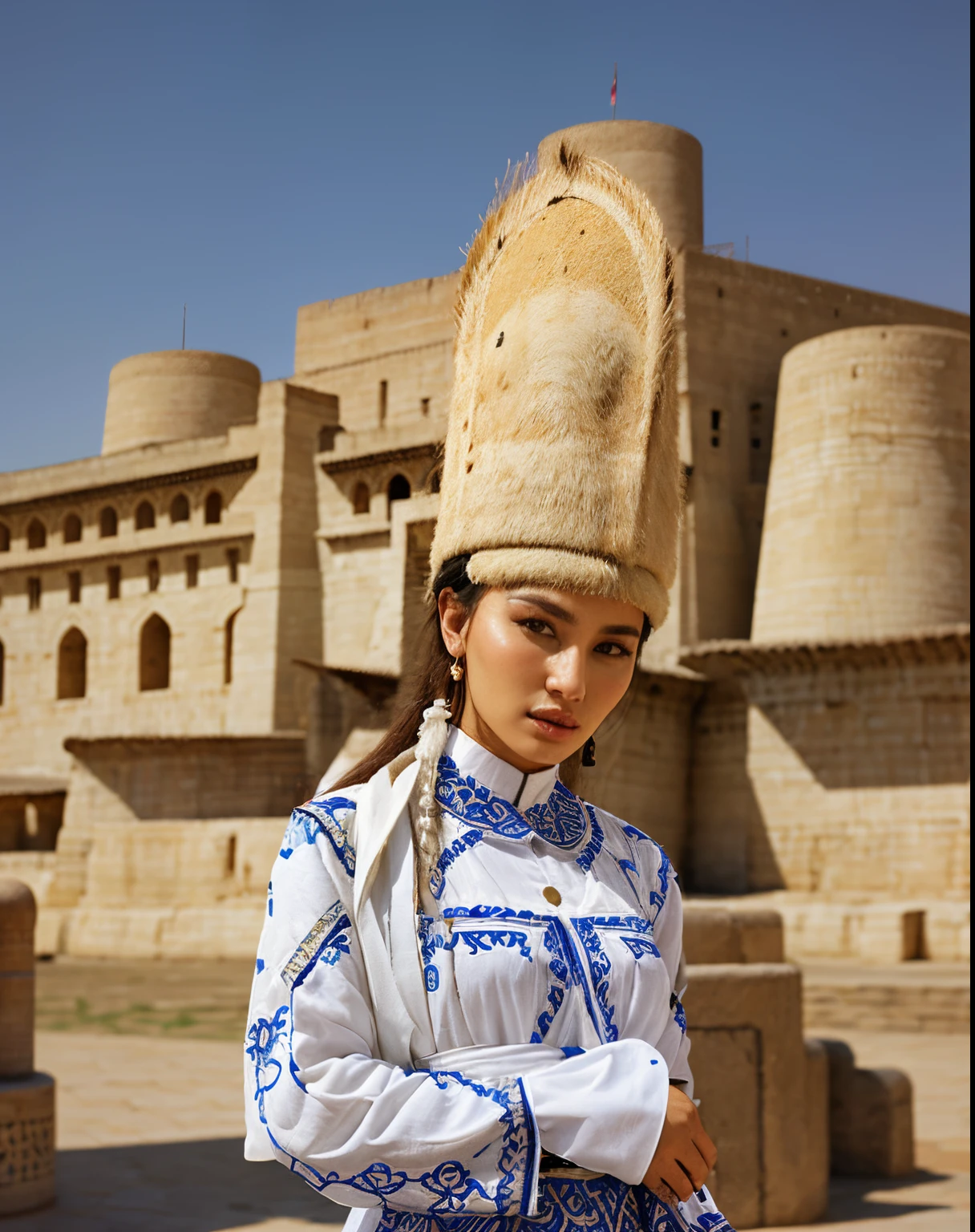 high fashion, hyperrealistic, dress in the style of the Ark Fortress, the ancient citadel in Bukhara, Uzbekistan, material with a traditional pattern or with drawings in the spirit of the works of artists of that time: at the same time, clothing models can both refer to those times and be quite modern, photorealistic, realhands