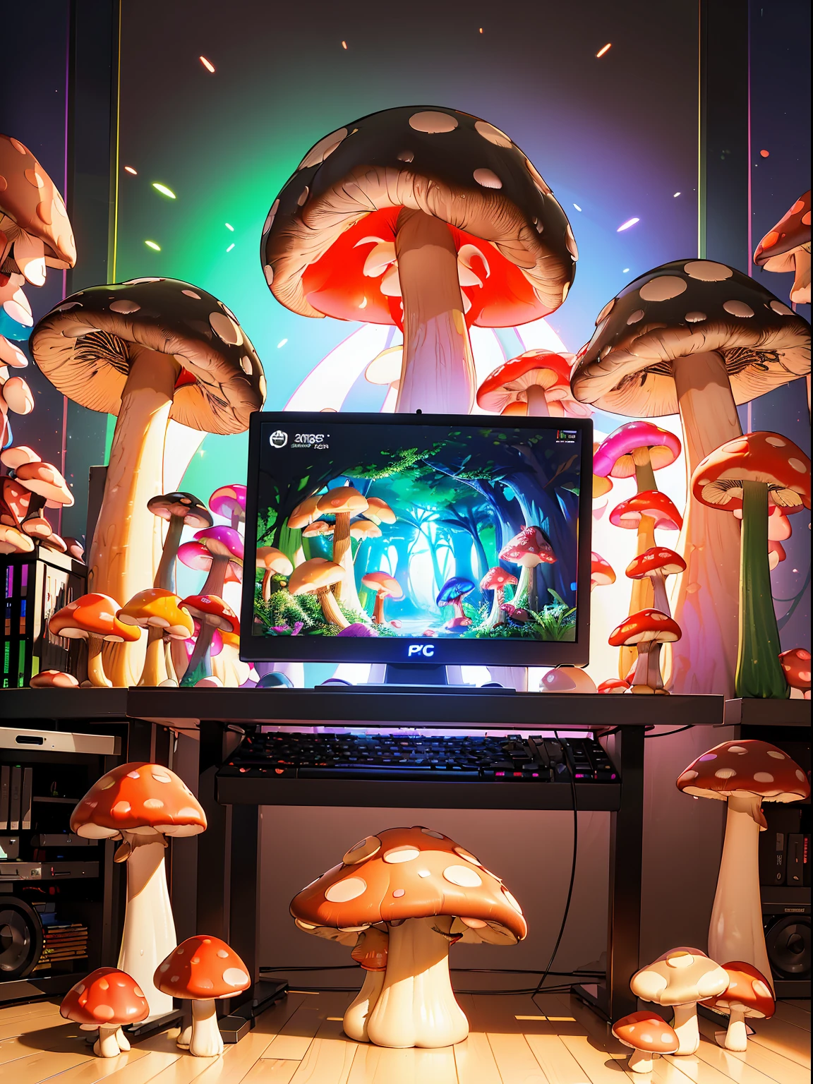 (RAW Photos, Best Quality), (animesque: 1.2), ((e-sports)), (((Mushroom-shaped PC that shines in seven colors))), ((psychedelic mushrooms)), gaming mushroom, supreme curvaceous beauty, (((Computer Room)), ultra-detailliert, Professional Lighting, Photon mapping, Physically Based Rendering,