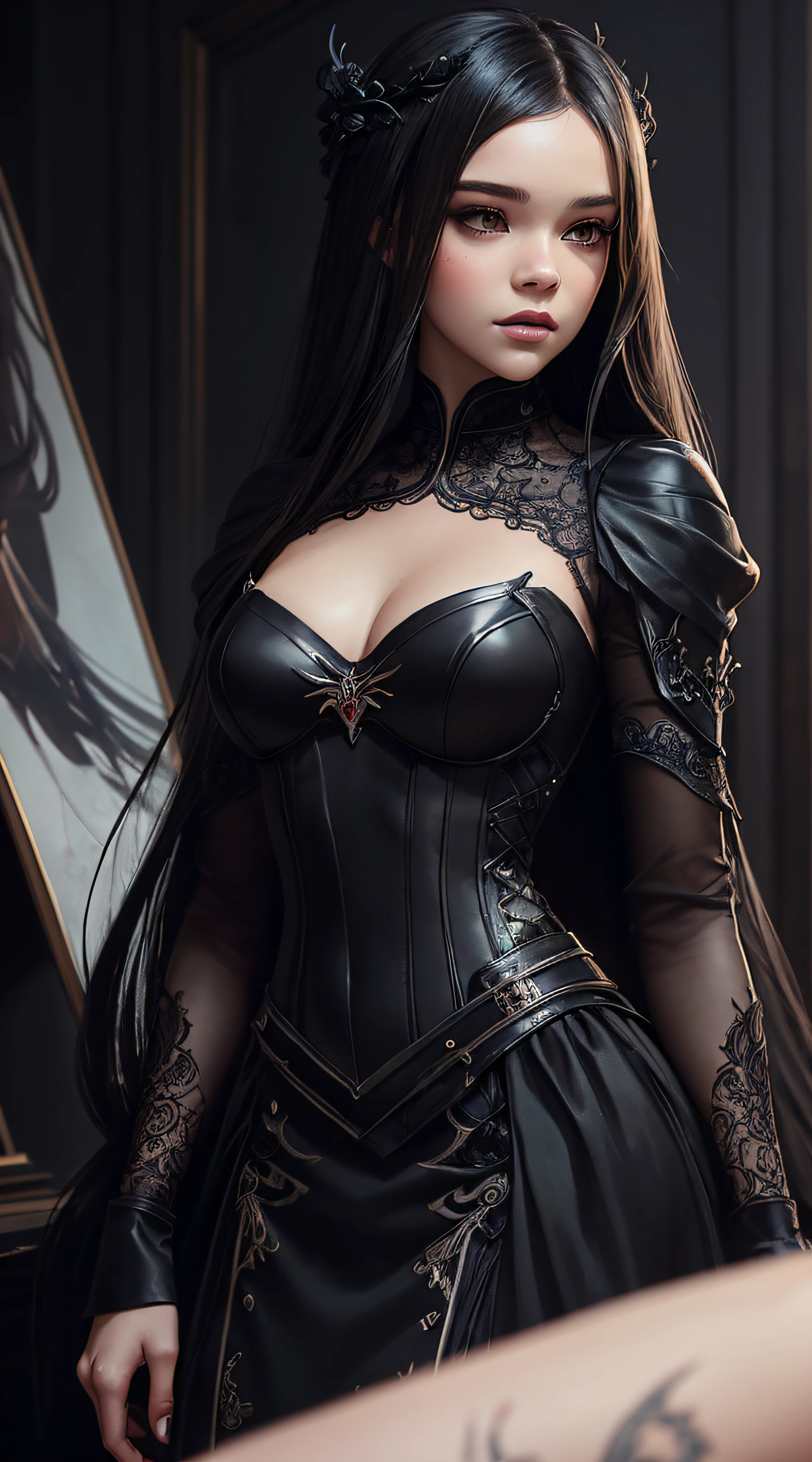 Stunning woman , round eyes , red eyes , extremely long hair , black hair , has bangs ,  wearing gold and white, midsize chest , long eyelashes, elegant, age 34 , puffy sleeves , frilly skirt , pretty , elegant , 

Wearing an outfit with futuristic elements, seamlessly blended with the Final Fantasy universe. wears a tailored, military-inspired jacket in deep charcoal, adorned with intricate, laser-cut leather panels that reveal glimpses of metallic silver underneath. The jacket features sharp, angular lines and exaggerated lapels, Underneath, he sports a form-fitting, high-necked bodysuit in a deep shade of amethyst, with intricate embroidery . tailored trousers in charcoal gray, with sleek metallic accents and pockets, Waist up portrait, white background In art style of Olivier Coipel, Tom of Finland, Sean Platter and J Scott Campbell --ar 3:4 --style scenic --niji 5