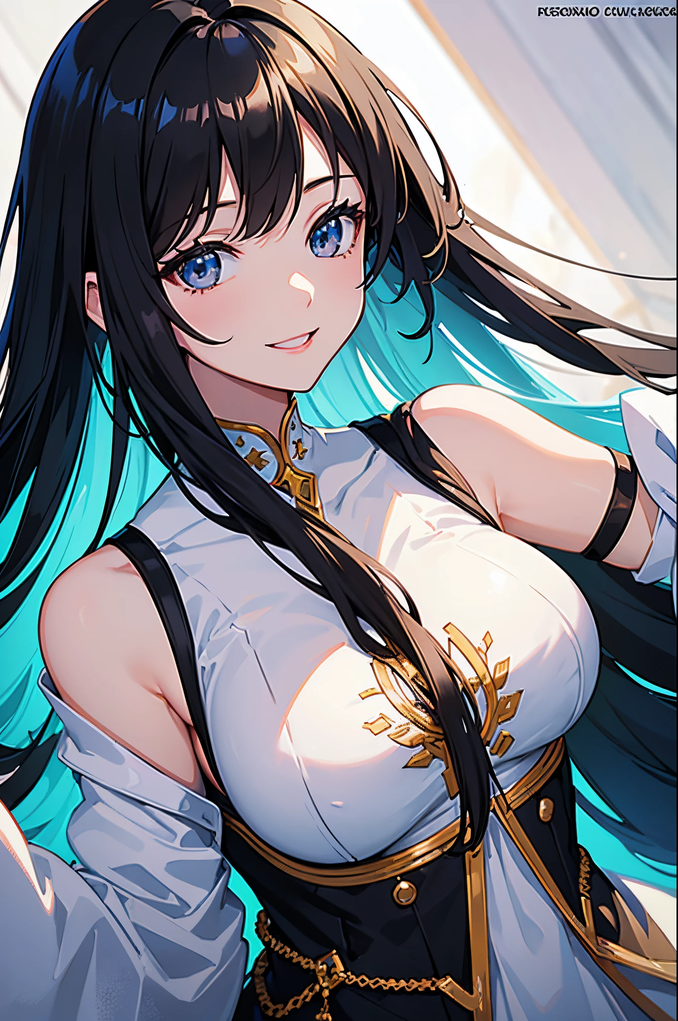 Magazine Cover. Anime. Solo. 1-woman. A young woman with long black hair and black eyes who smiles gently. She is wearing a white clothes embellished in blue. Fantasy theme. Upper body. Half body potrait.