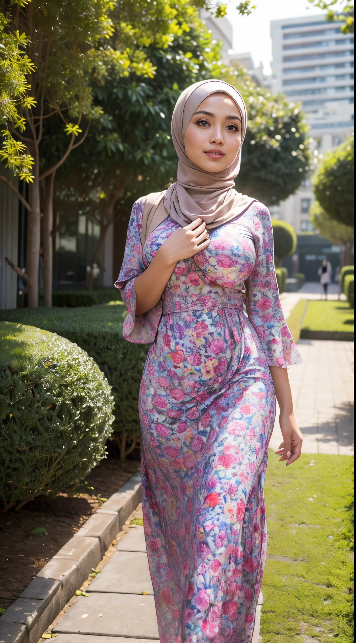 RAW, Best quality, high resolution, masterpiece: 1.3), 2 beautiful Malay woman in hijab,Masterpiece, perfect slim fit body, (Huge breasts), big gorgeous eyes, Soft smile, Delicate turtleneck print sun dress, necklace, shairband, afternoon walk, City garden, Excellent lighting, Bright colors, Clean lines