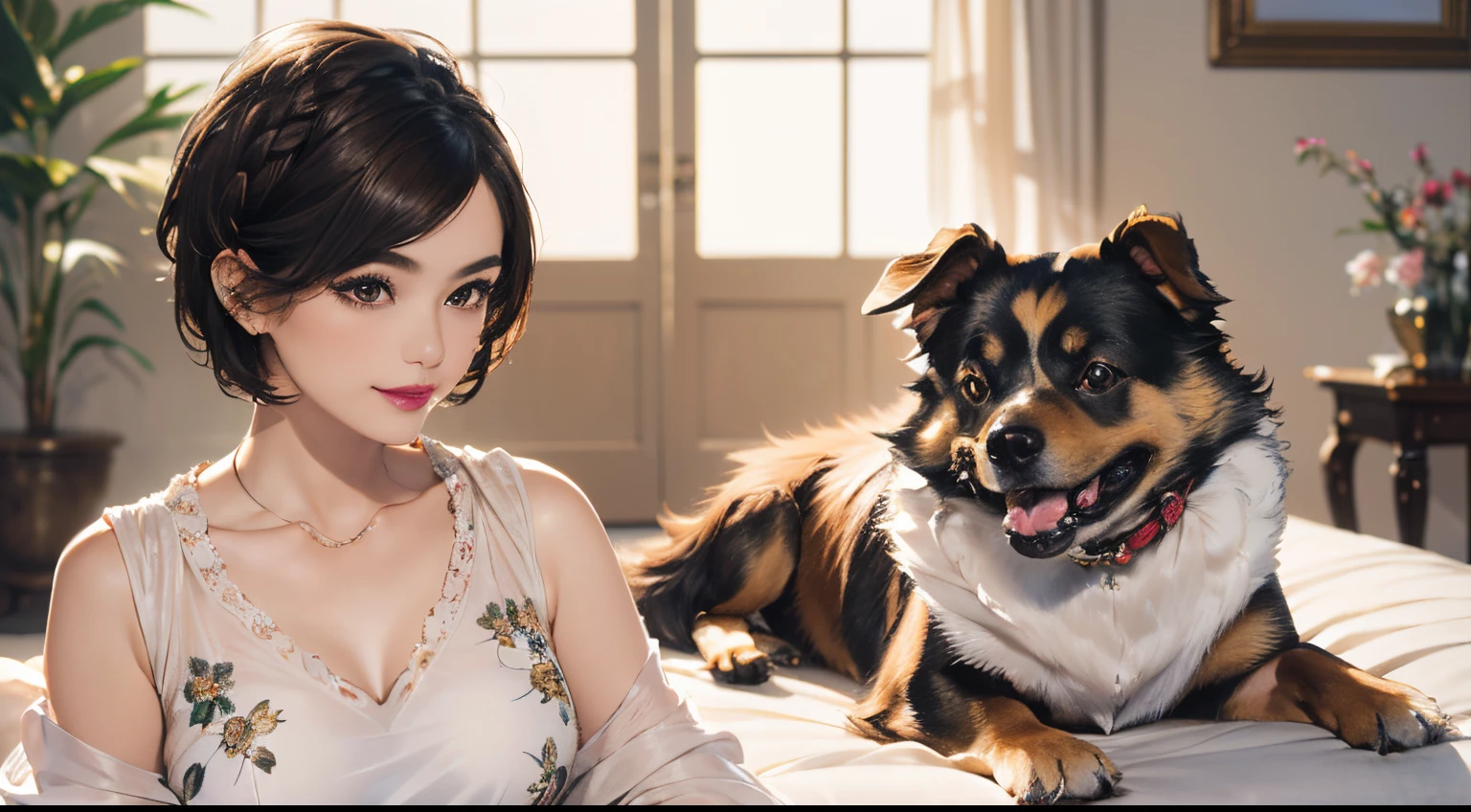 125
(a 20 yo woman,Art Works), (A hyper-realistic), (high-level image quality), ((beautiful hairstyle 46)), ((short-hair:1.46)), (Gentle smile), (breasted:1.1), (lipsticks), (florals), (Luxurious room), (Depth of field is deep), (a Dog:1.46)