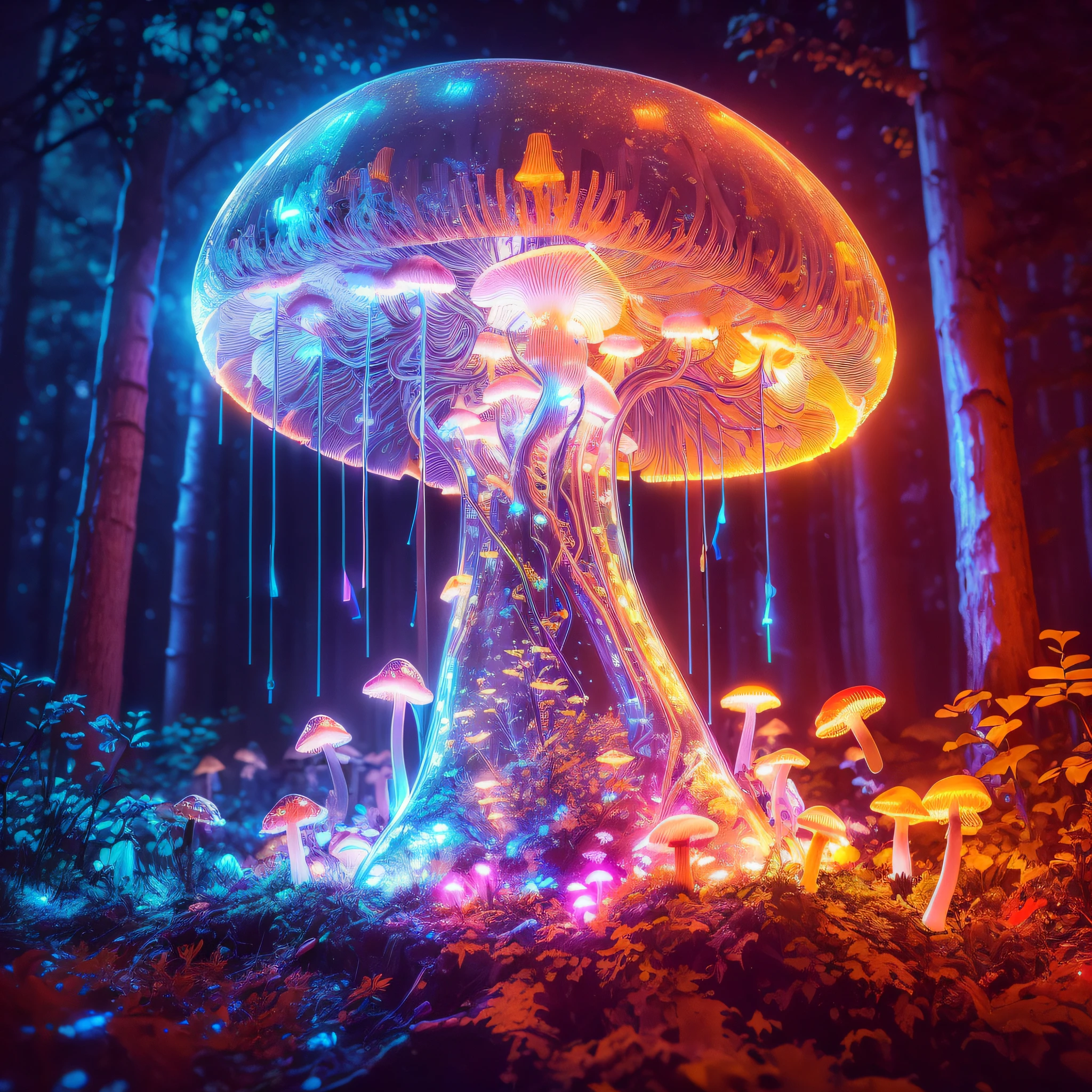 1 transparent glowing mushroom, Colorful transparent luminous plastic，cyber punk personage，industrial design，cleanness，luminous neon lights，forest backgrou，ultra-realistic realism，hyper HD，high detal，Best quality at best，8K