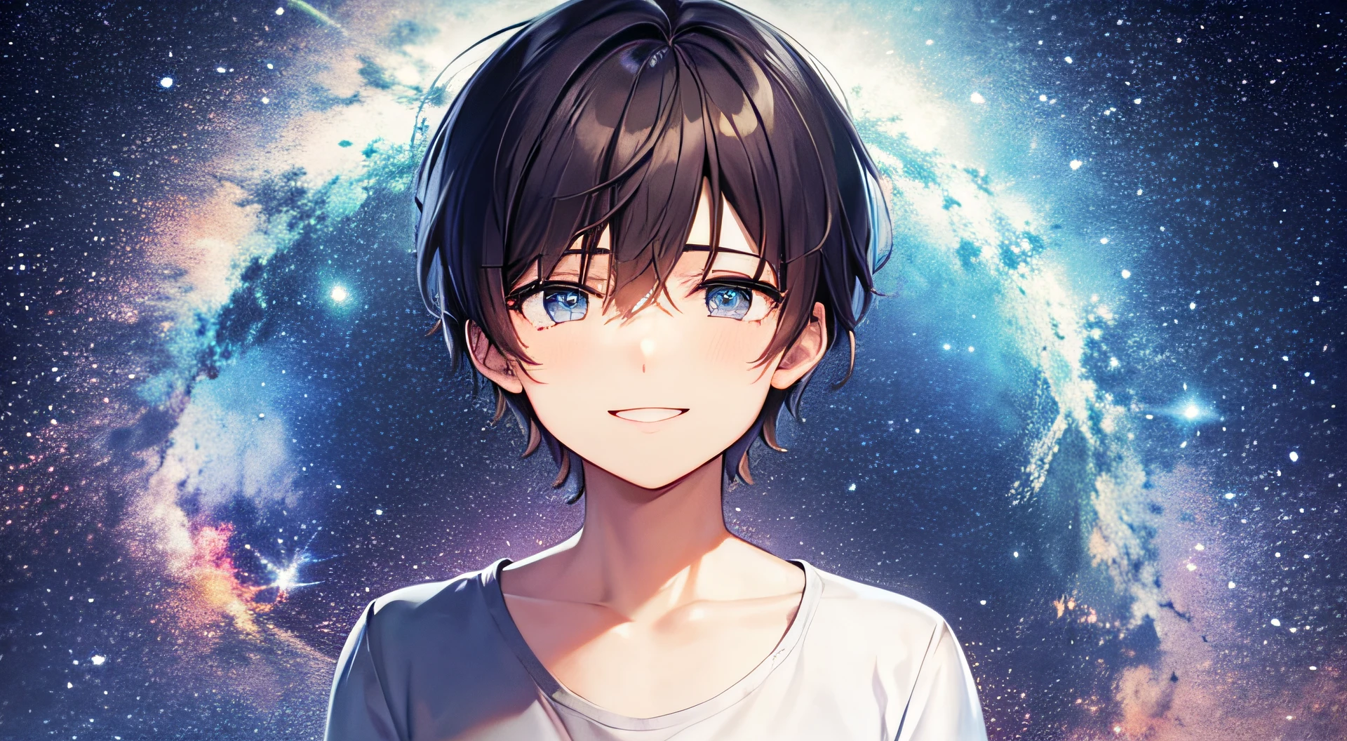 Smiling young man、Bring tears to your eyes、nigh sky、A dark-haired、Blue eyes、One young man、short-hair、starrysky