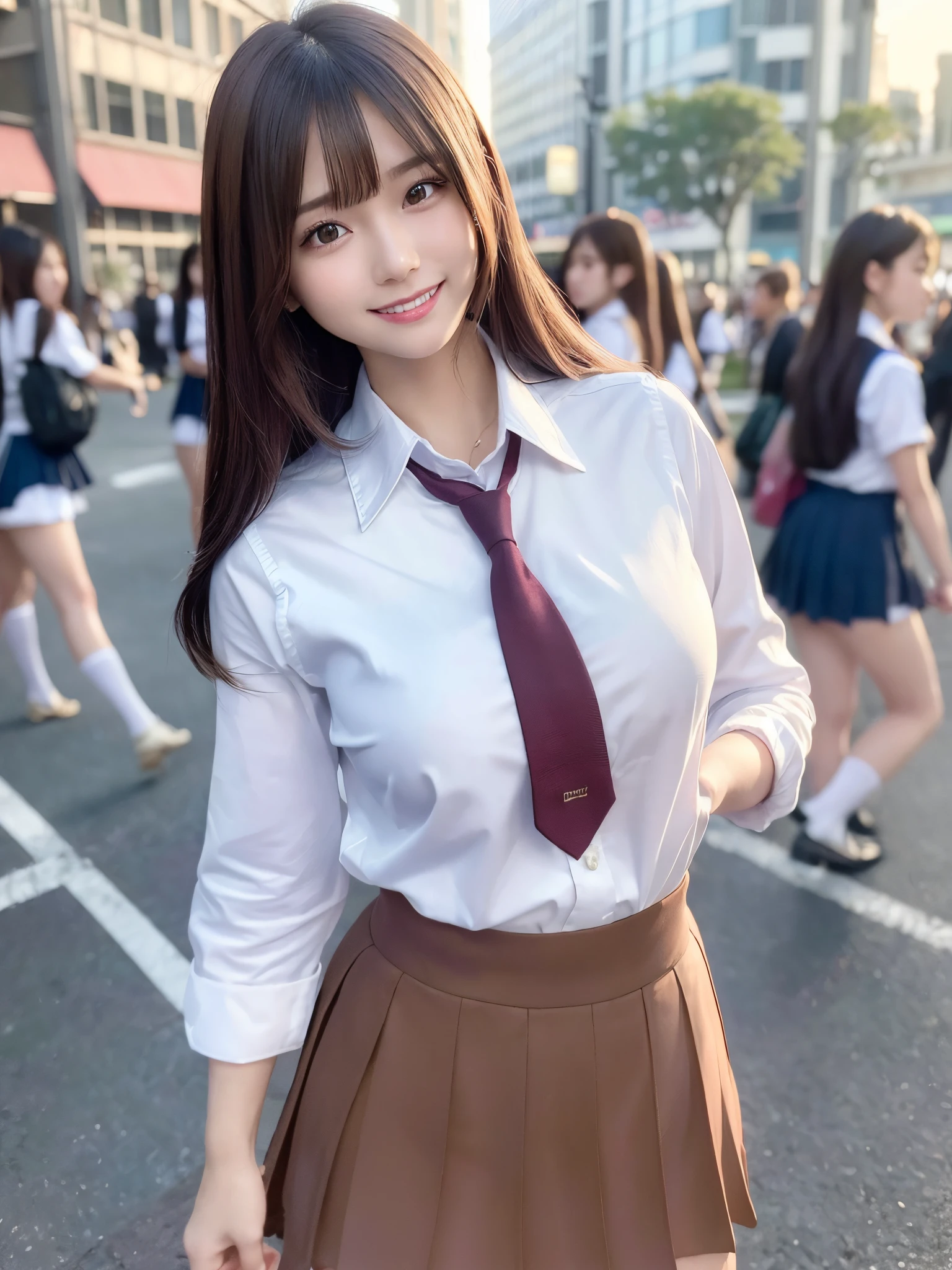 (8k, RAW photo, best quality, masterpiece:1.2), (realistic, photo-realistic:1.4), (extremely detailed 8k wallpaper), sharp focus, depth of field, blur background, bokeh, cinematic lighting, soft light, glossy lips, beautiful detailed eyes,shiny smooth light brown long bob hair, asymmetrical bangs, shiny skin, high resolution, high detailing, detailed hairstyle, detailed face, octane rendering, vibrant, hyper realistic, perfect limbs, perfect anatomy ,1 japanese girl,famous Japanese idol, perfect female body, large breasts,smile,long bob hair, (school uniform:1.3), looking at viewer, (Crowded city streets:1.3),cowboy shot