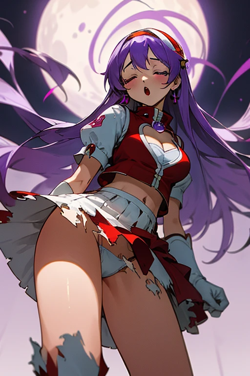 close up, from below, (masterpiece), (best quality), (ultra-detailed), intricate detail, athena97, 1girl, solo, purple eyes, purple hair, long hair, white earrings, yellow hairband, red heart ornament, medium breats, red vest, white turtleneck, white puffy sleeves, red pleated skirt,purple sphere shape necklace, white fingerless gloves, white socks, red boots,on street,moon, photography, (unconscious),cleavage cutout, blurry background, on back (white panties), :o, dirty, torn clothes, closed eyes, tottering, standing
