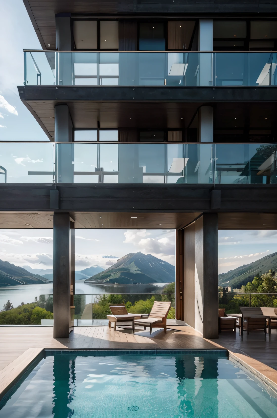 mansion made of steel，3-storey building，Contre les montagnes，Face au lac，Immense piscine，Style architectural moderne， Photo hyperdétaillée，buliding，Complexe，Ombrage, HighDynamicRange，dinamic lighting, Fotorrealista, natural soft light, H faible, tmasterpiece, 8k detailed，There's a lot of detail，Oversized floor-to-ceiling glass，A combination of technology and natural environment，A un look super cool，((outdoor view))