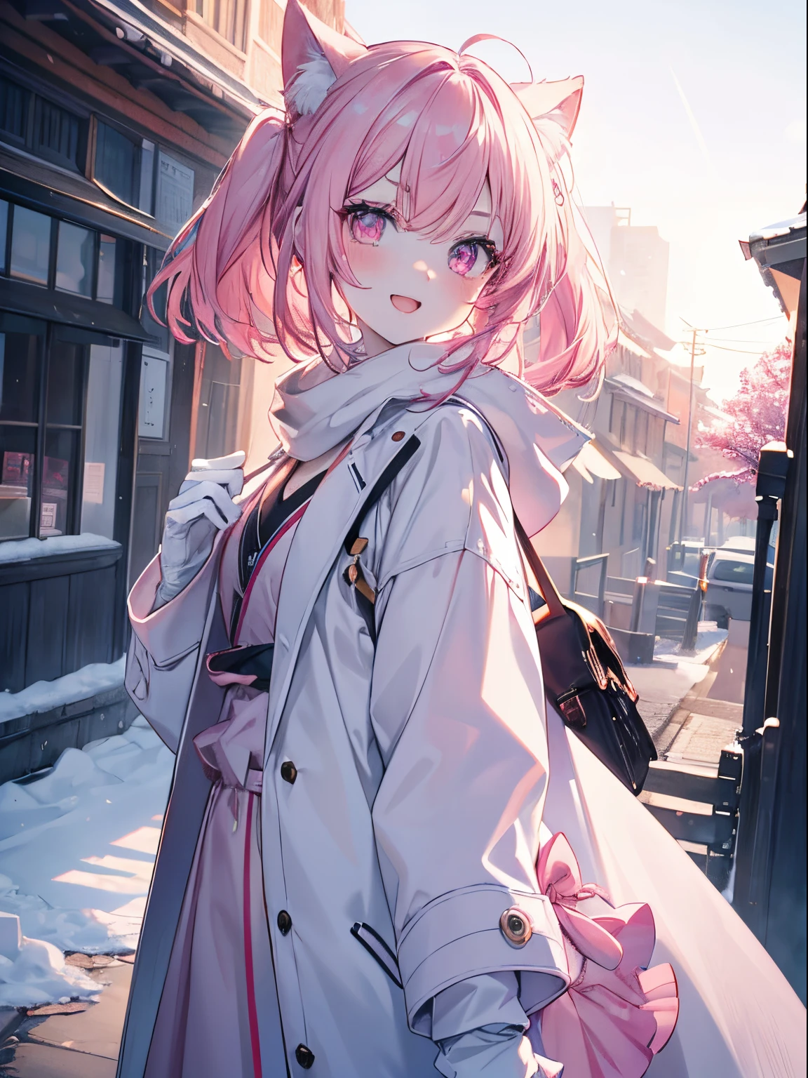 masutepiece, Highest Quality, (Perfect face:1.1), (high detailing:1.1), (ultradetailed eyes), Dramatic, superfine illustration, Extremely detailed,1girl in, (pale skin),Smile, Happy, Laugh, Enjoy, Open mouth,gloweyes,pinkhair, (Twin-tailed),Ethereal eyes, pink eye,(light eyebrow),blush, Solo,Pouty lips,Cinematic lighting,Cowboy Shot,plein air, White and pink,Long coat, Long Muffler, White Gloves,Winters,Snow, from the rear, Reach out