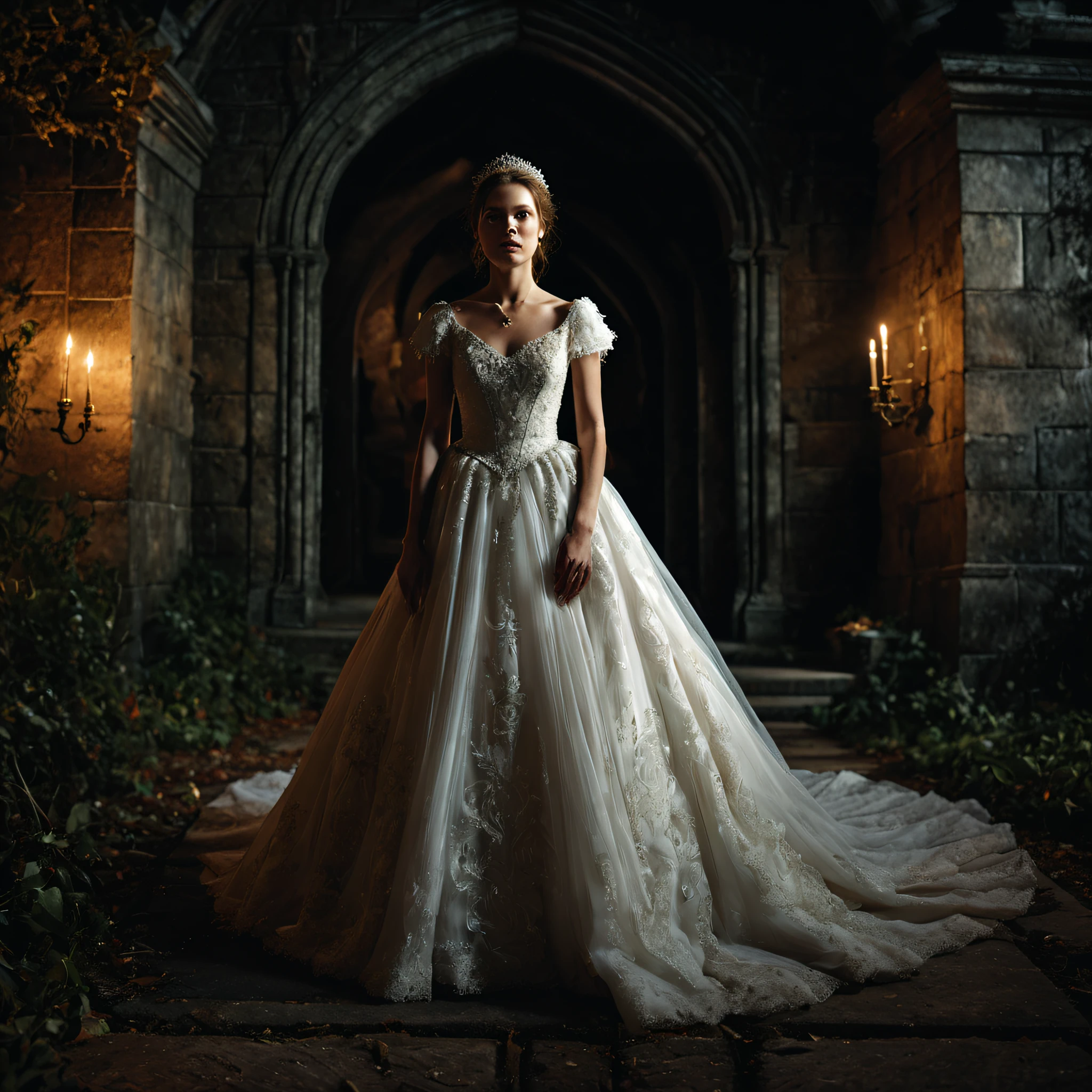 movie scenes, a bride visits vampire's house, the entrance to the castle, wedding dress, little smile, happy, mysterious, ancient, intricate detail, highly detailed, volumetric lighting, 4k rendering, stock photo, ultra-realistic, realistic textures, dramatic lighting, depth of field, film, (very wide angle: 1.3), dark light