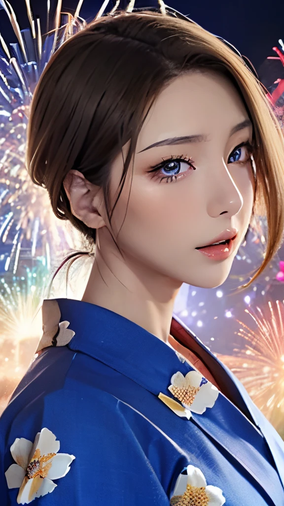 ((masutepiece, of the highest quality, super definition, High Definition)), Solo, Beautiful Girl, Shining eyes, Perfect eyes, 16 years old, Blue theme, Yukata, Fireworks