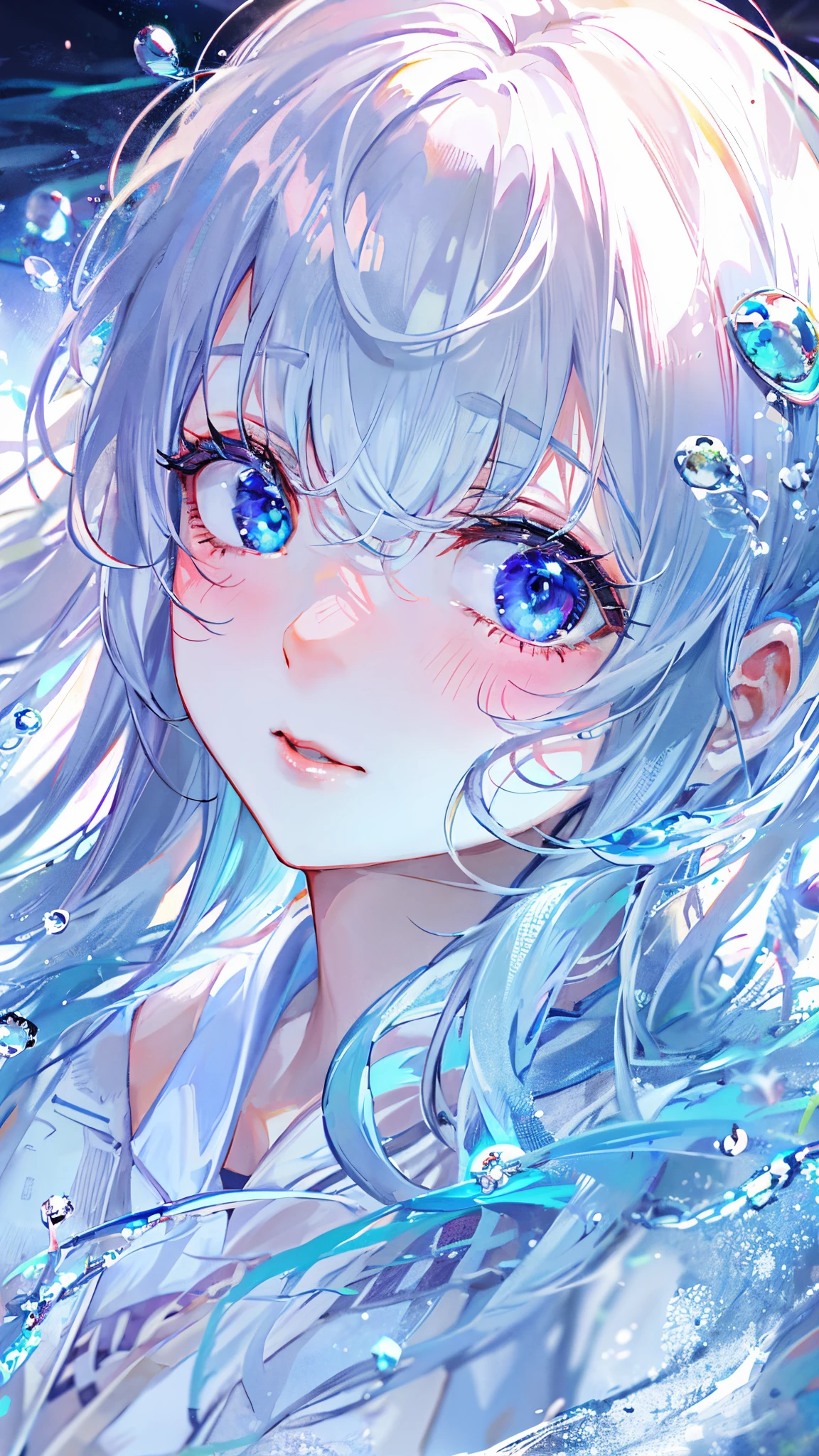 ((top-quality)), ((masterpiece)), ((ultra-detailliert)), (Extremely delicate and beautiful), girl with, 独奏, cold attitude,((swim wears)),She is very(relax)with the(Settled down)Looks,depth of fields,Evil smile,Bubble, under the water, Air bubble,Underwater world bright light blue eyes,inner color with bright gray hair and light blue tips,,,,,,,,,,,,,,,,,,Cold background,Bob Hair - Linear Art, shortpants、knee high socks、White uniform like school uniform、Light blue ribbon ties、Clothes are sheer、Hands in pockets、Bright eyes like sapphire,Fronllesse Blue, A small blue light was floating、fantastic eyes、selfy,Self-shot
