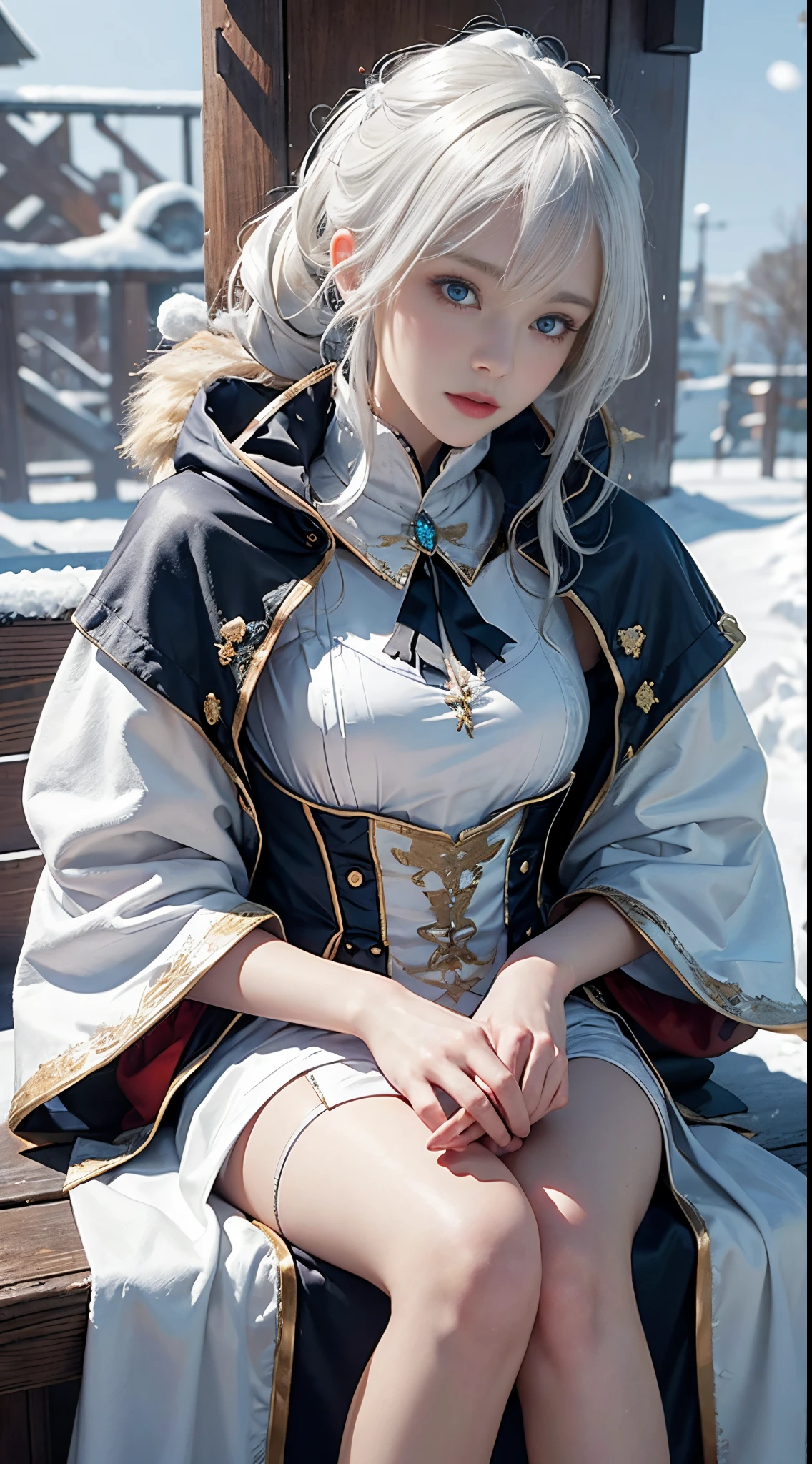 (8K),realisticlying, A high resolution, 1 Women, Alone, (a gorgeous,ta costume), pretty eyes, White hair, eye socket, (sitted,Cloak,blanketed in a mantle of snow),snow field,Blizzard,
