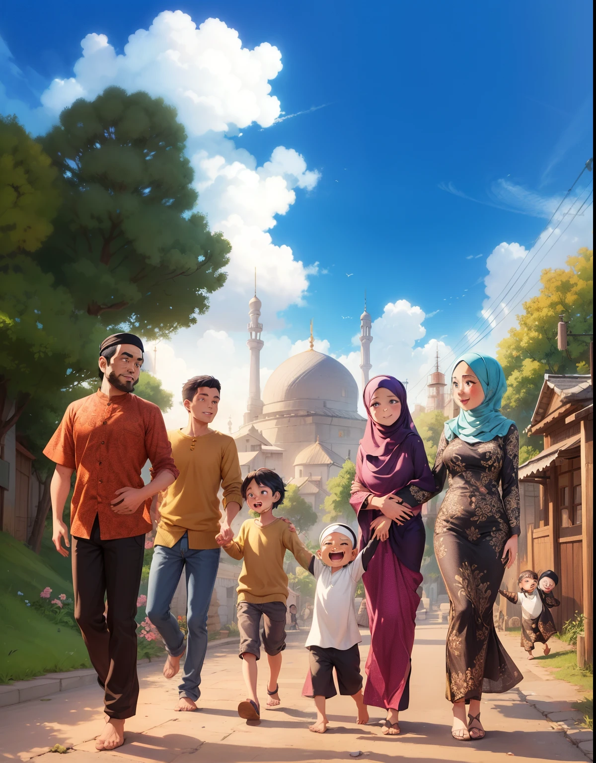 a cartoon picture of a family walking down a street, happy family, a beautiful artwork illustration, game illustration, animated film, inspired by Altoon Sultan, digital cartoon painting art, an indonesian family portrait, official illustration, background artwork, cartoon digital painting, islamic, cartoon style illustration, stylized digital illustration, muslim, realistic scene, town background, stylized