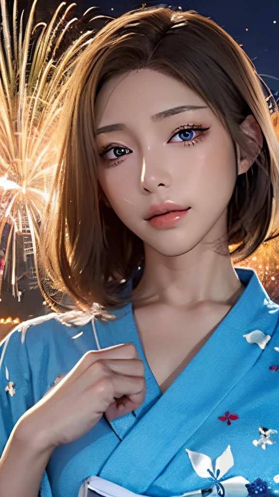 ((masutepiece, of the highest quality, super definition, High Definition)), Solo, Beautiful Girl, Shining eyes, Perfect eyes, , Blue theme, Yukata, Fireworks