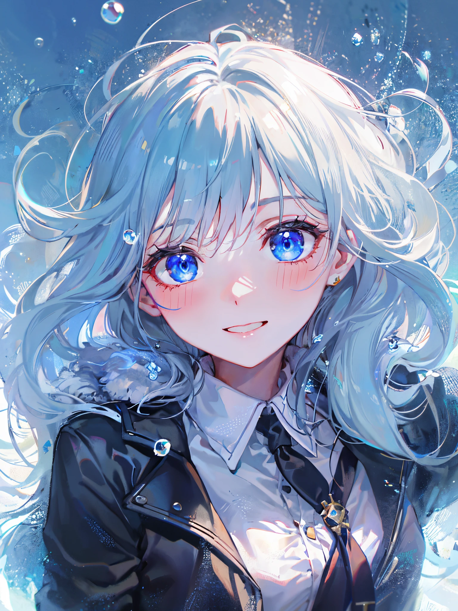 ((top-quality)), ((​masterpiece)), ((ultra-detailliert)), (Extremely delicate and beautiful), girl with, 独奏, cold attitude,((Black jacket)),She is very(relax)with  the(Settled down)Looks,depth of fields,Evil smile,Bubble, under the water, Air bubble,Underwater world bright light blue eyes,inner color with bright gray hair and light blue tips,,,,,,,,,,,,,,,,,,Cold background,Bob Hair - Linear Art, shortpants、knee high socks、White uniform like school uniform、Light blue ribbon ties、Clothes are sheer、Hands in pockets、Bright eyes like sapphire,Fronllesse Blue, A small blue light was floating、fantastic eyes、selfy,Self-shot,Smile Face