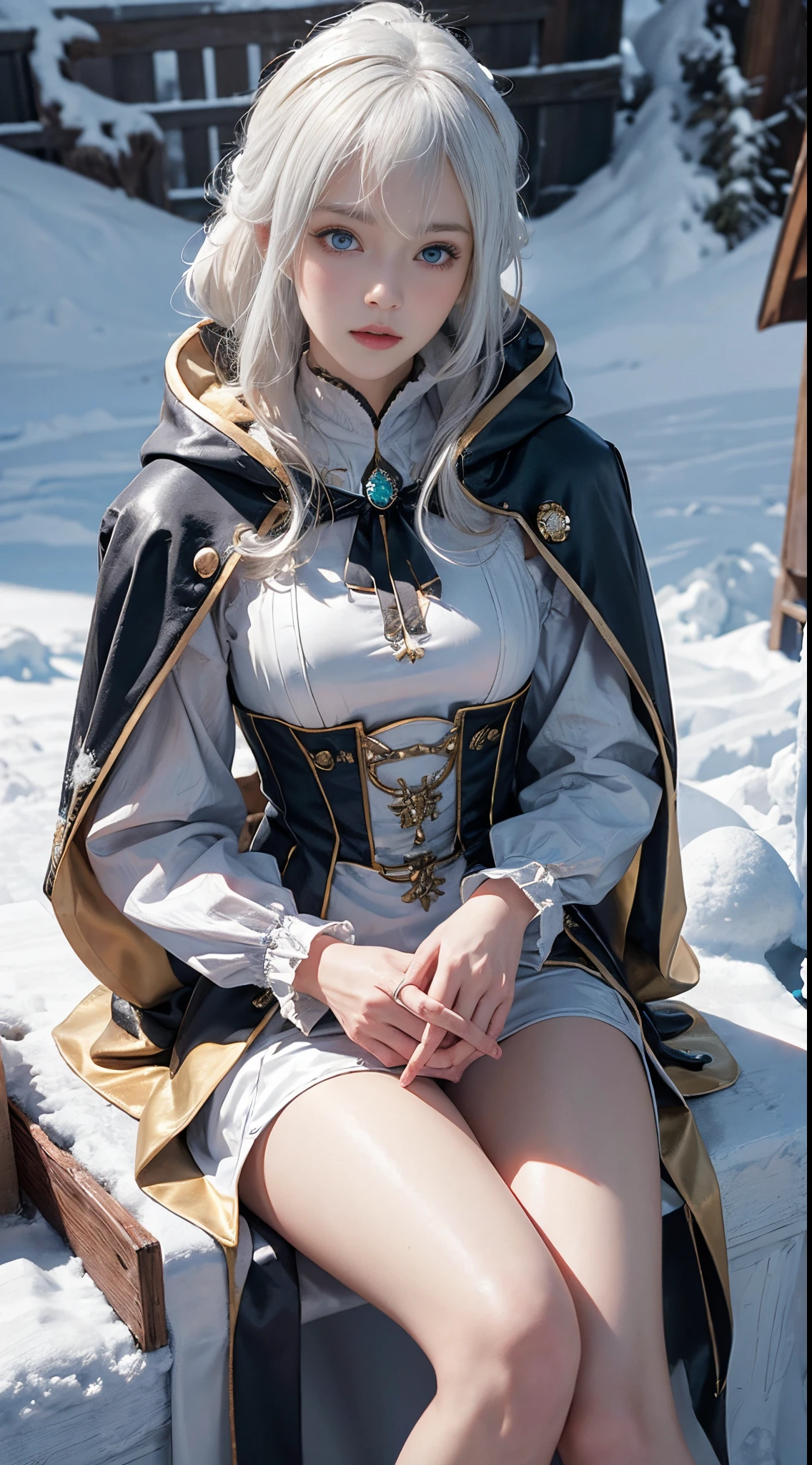 (8K)，realisticlying, A high resolution, 1 Women, Alone, (a gorgeous，ta costume)， pretty eyes, White hair, eye socket, (sitted，Cloak，blanketed in a mantle of snow)，snow field，Blizzard，