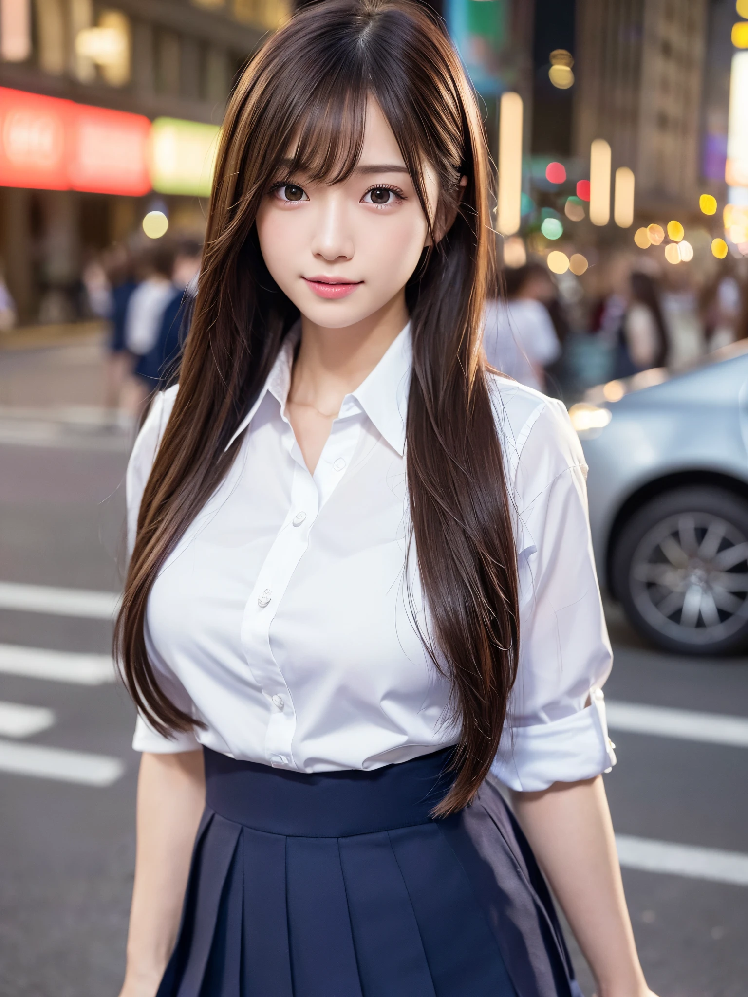 (8k, RAW photo, best quality, masterpiece:1.2), (realistic, photo-realistic:1.4), (extremely detailed 8k wallpaper), sharp focus, depth of field, blur background, bokeh, cinematic lighting, soft light, glossy lips, beautiful detailed eyes,shiny smooth light brown long bob hair, asymmetrical bangs, shiny skin, high resolution, high detailing, detailed hairstyle, detailed face, octane rendering, vibrant, hyper realistic, perfect limbs, perfect anatomy ,1 japanese girl,famous Japanese idol, perfect female body, large breasts,smile,long bob hair, (school uniform:1.3), looking at viewer, (Crowded city streets:1.3),cowboy shot
