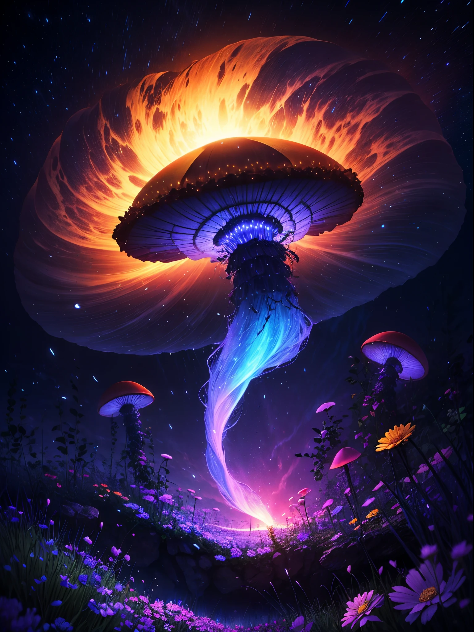（（（Giant rainbow mushroom that emits auroras，covered with vines，leafs，fresh flowers））），Intense contour light，Inner glow，Colorful，（（Best quality））， （（tmasterpiece）），dances，Enhanced dynamic viewing angle，Sparkling creek，（weeds），flowers blooming，glowing effect，ultra - detailed，Works of masters，high high quality，8K分辨率，depth of fields，电影灯光，epic graphics，high high quality，ultra - detailed，Detailed pubic hair，Accurate，电影灯光