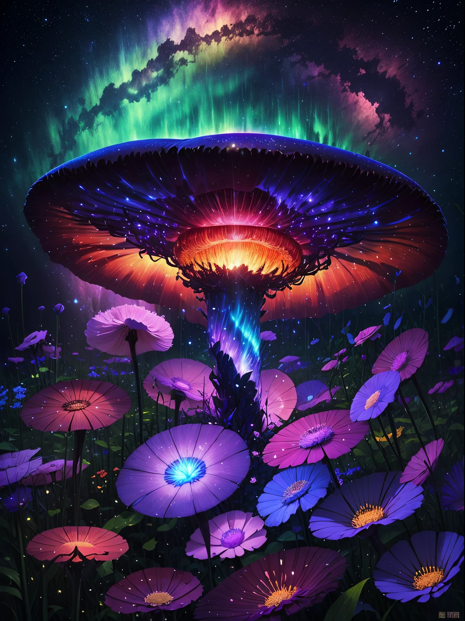 （（（Giant rainbow mushroom that emits auroras，covered with vines，leafs，fresh flowers））），Intense contour light，Inner glow，Colorful，（（Best quality））， （（tmasterpiece）），dances，Enhanced dynamic viewing angle，Sparkling creek，（weeds），flowers blooming，glowing effect，ultra - detailed，Works of masters，high high quality，8K分辨率，depth of fields，电影灯光，epic graphics，high high quality，ultra - detailed，Detailed pubic hair，Accurate，电影灯光