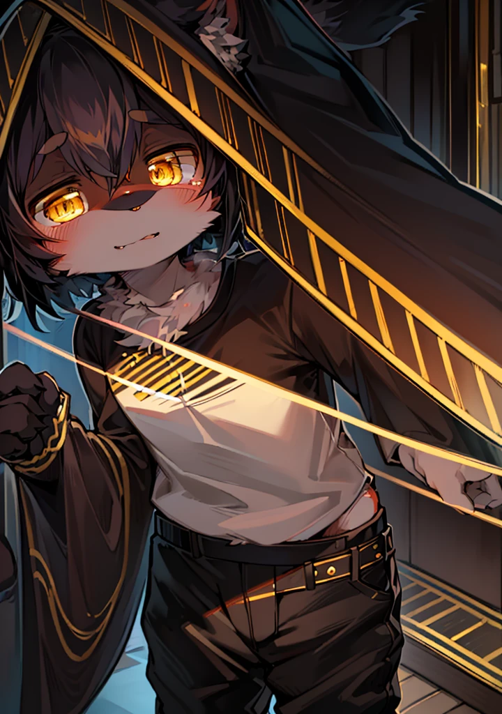 (Bright environment:0.8),masterpiece,high quality,abstract res,digital painting\(artwork\), by dagasi, yupa,kiyosan,(anthro,fluffy fur,character focus:1.1),anthro male cat,short hair,portrait , eyes with brightness, in a panoramic view, Character focus.(detailedbackground:0.7), 独奏, shaggy, shaggy male, malefocus, anthr,(Full Body Furry, A fluffy tail, Black fur, Golden eyes, black color hair:1.2), (long canines、Black and gold T-shirt、black gold pants：1.2），（external、morning、城市、Right in front of me：1.1）