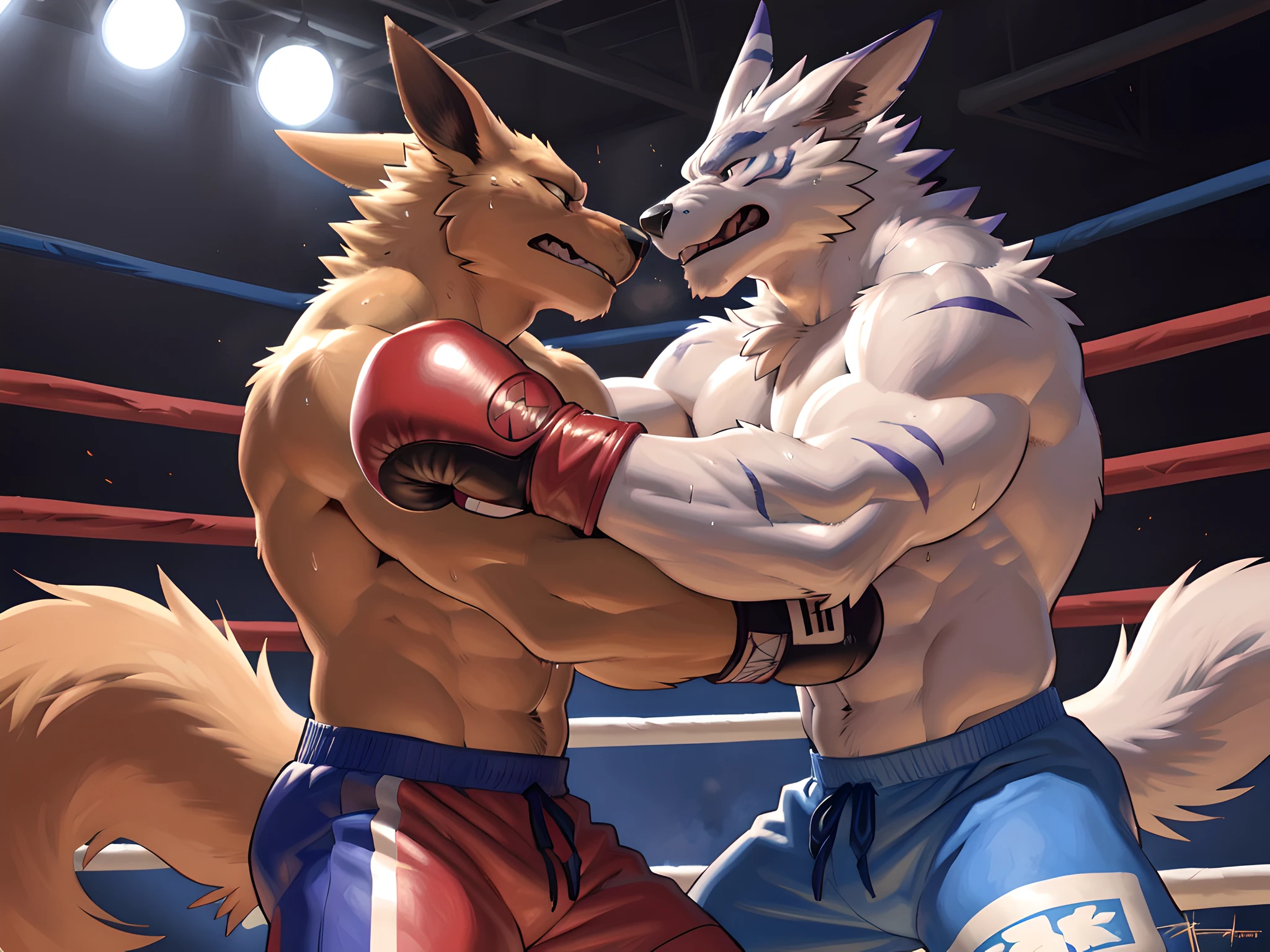 (ultra quality):1.4, color, smooth comics style, (by takemoto arashi, by meesh, by Taran Fiddler), two characters, kurama and weregarurumon:1.1, boxing scene, muscles:1, athletic build, correct anatomy, anime martial arts, sweat:1.5, sweat dripping, glistening muscles:1.2, strong, masculine, boxing ring, fighting:1 scene, (embracing, clinch, embrace, hug, grip, struggle):1.3, (wearing boxing gloves, boxing trunks, detailed boxing gloves:1.1), angry, exhausted, pinned against boxing ring corner:1.2, detailed face, detailed eyes, looking at each other