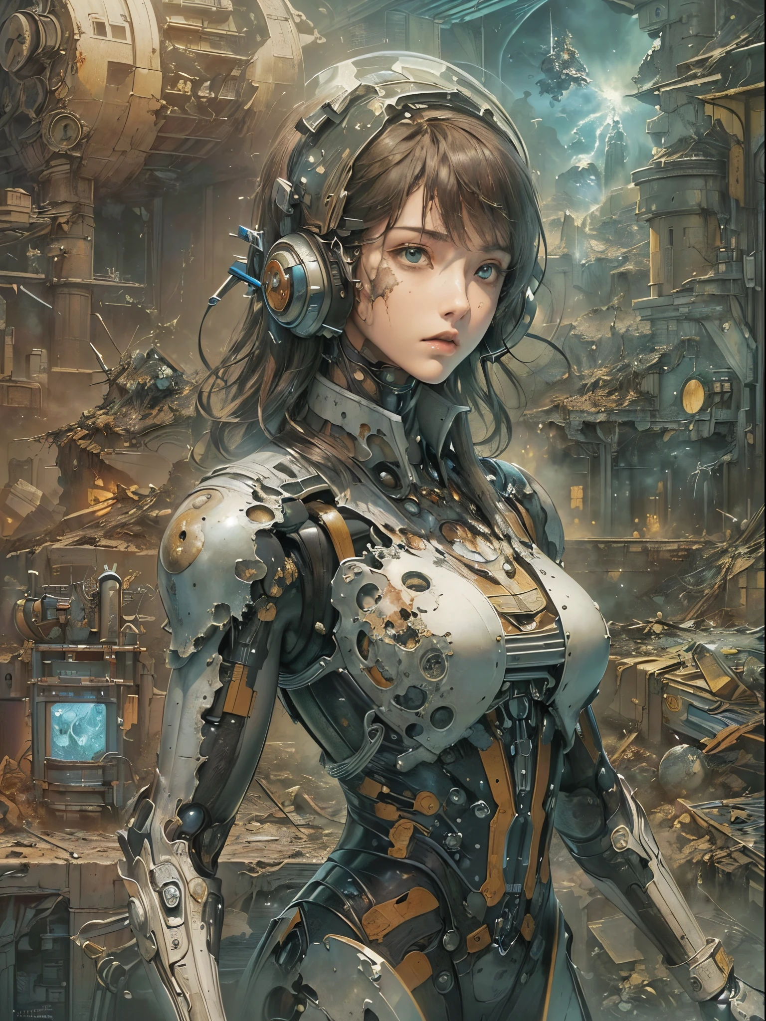 Ultra-detailed complex 3D rendering, beautiful porcelain profile, female android face, cyborg, robot parts, 150mm, beautiful soft studio lights, rim lights, vivid details, beautiful cyberpunk, running, surreal, anatomical, facial muscles, cable wires, microchip, elegant, beautiful background, octane rendering, HR Giger style, 8k, top quality, masterpiece, illustration, very delicate and beautiful, highly detailed, CG, uniform, wallpaper, (realistic , photorealistic: 1.37), stunning, finely detailed, masterpiece, top quality , Official art, Highly Detailed 8k CG Wallpaper, Absurd, Incredibly Absurd, Robot, Silver Halmet, Full Body, Sitting