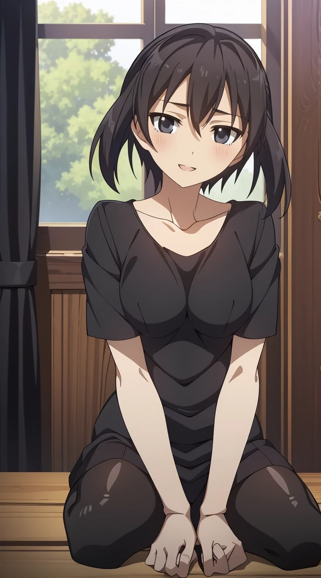 (masterpiece), best quality, expressive eyes, perfect face, kurome , black hair ,short twin ,short hair, black eyes, medium breasts, anime art style, official art, slightly head tilt, sexy pose, ((sexy bra))background modern bedroom on windows open, full body