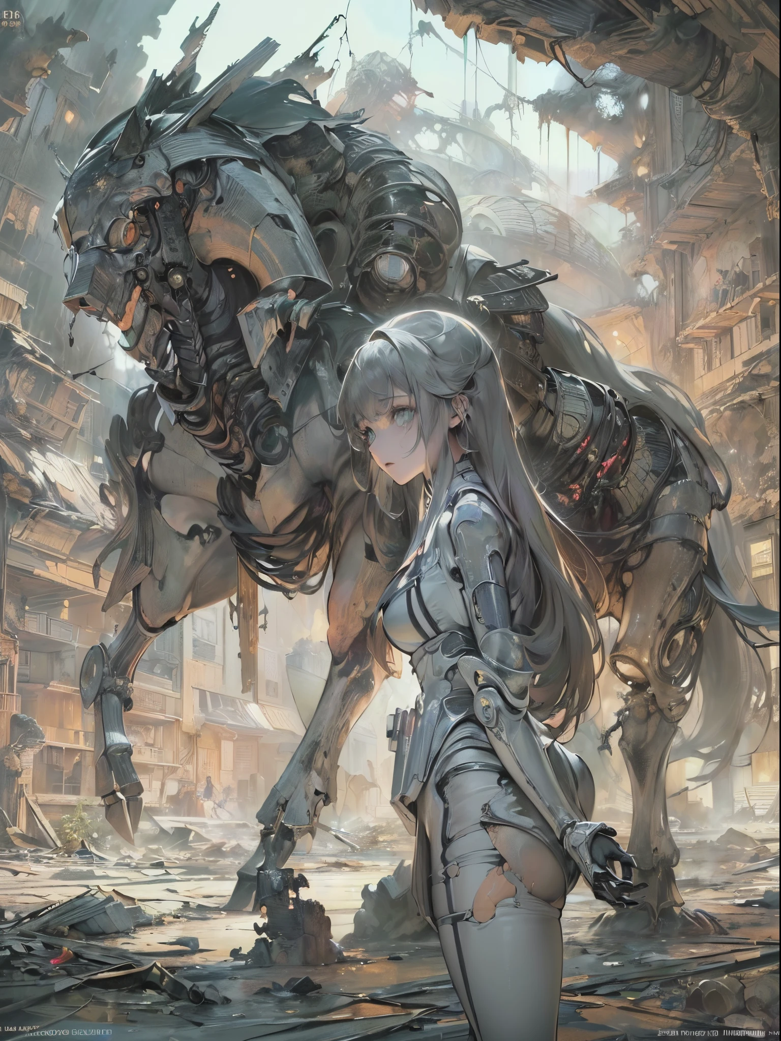 ((Finest quality)),(超A high resolution),(ultra-detailliert),(Meticulous portrayal),((Best Anime)),(Finest works of art),(Ultra-Precision Art),(The art of astounding depiction,Overwhelming depiction:1.5),(Complex and detailed science fiction art:1.6), (adult woman:1.5),tight suits:1.5, (Mechanical Horse:1.5,), ((A devastated worldview:1.7)),