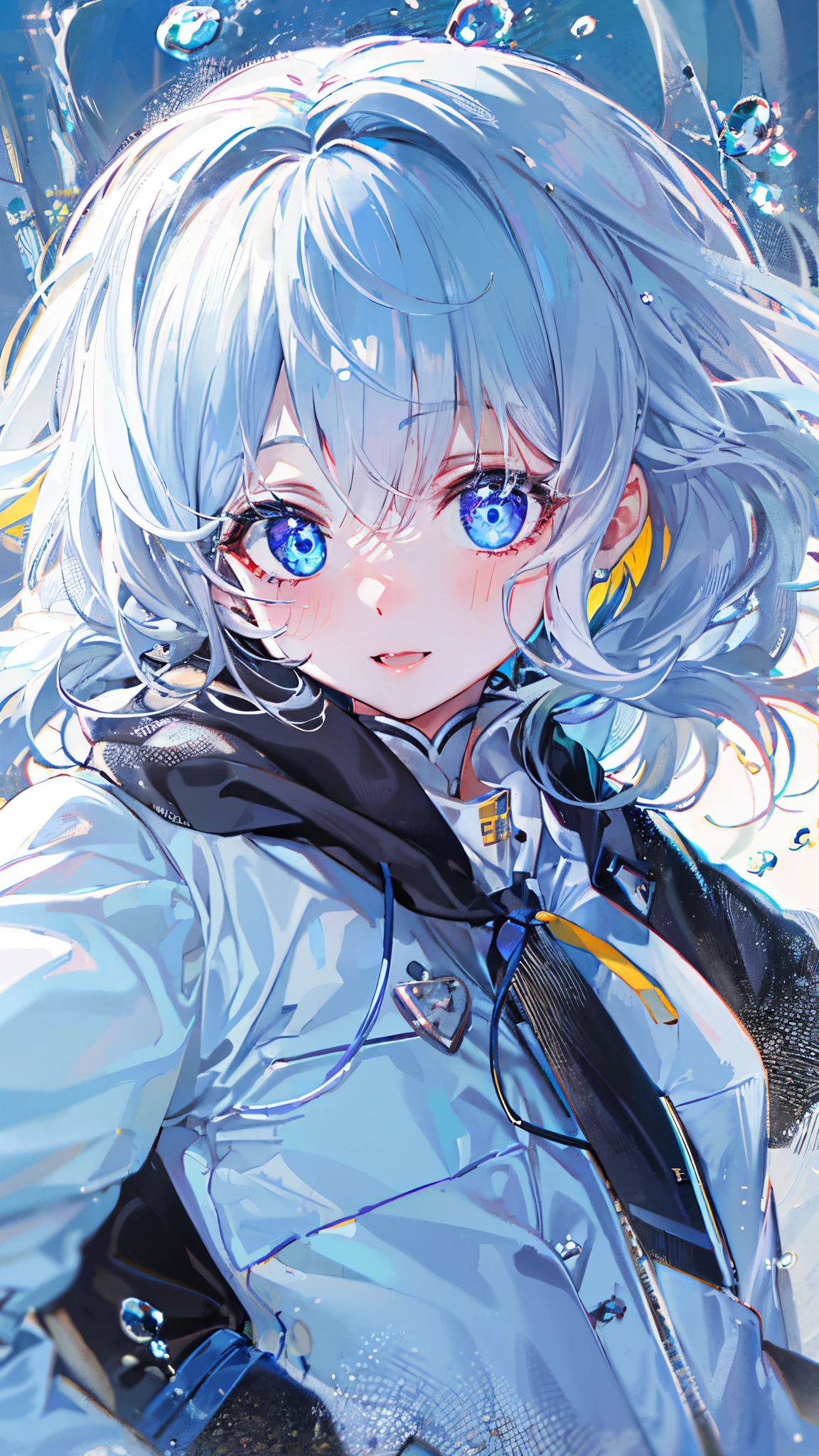 ((top-quality)), ((​masterpiece)), ((ultra-detailliert)), (Extremely delicate and beautiful), girl with, 独奏, cold attitude,((Black jacket)),She is very(relax)with  the(Settled down)Looks,depth of fields,Evil smile,Bubble, under the water, Air bubble,Underwater world bright light blue eyes,inner color with bright gray hair and light blue tips,,,,,,,,,,,,,,,,,Cold background,Bob Hair - Linear Art, shortpants、knee high socks、White uniform like school uniform、Light blue ribbon ties、Clothes are sheer、Hands in pockets、Bright eyes like sapphire,Fronllesse Blue, A small blue light was floating、fantastic eyes、selfy,Self-shot