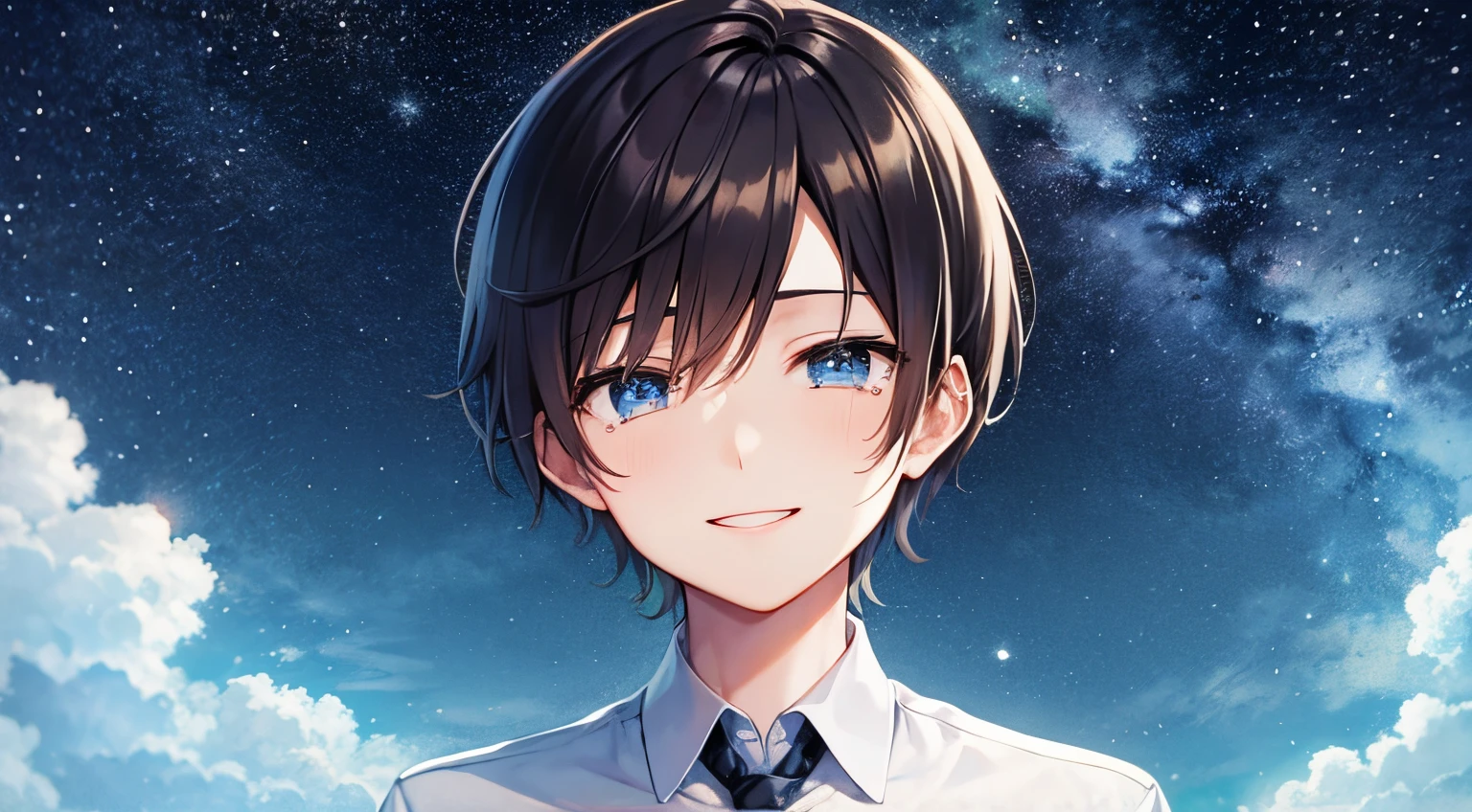Smiling young man、Bring tears to your eyes、nigh sky、A dark-haired、Blue eyes、One young man、short-hair、starrysky