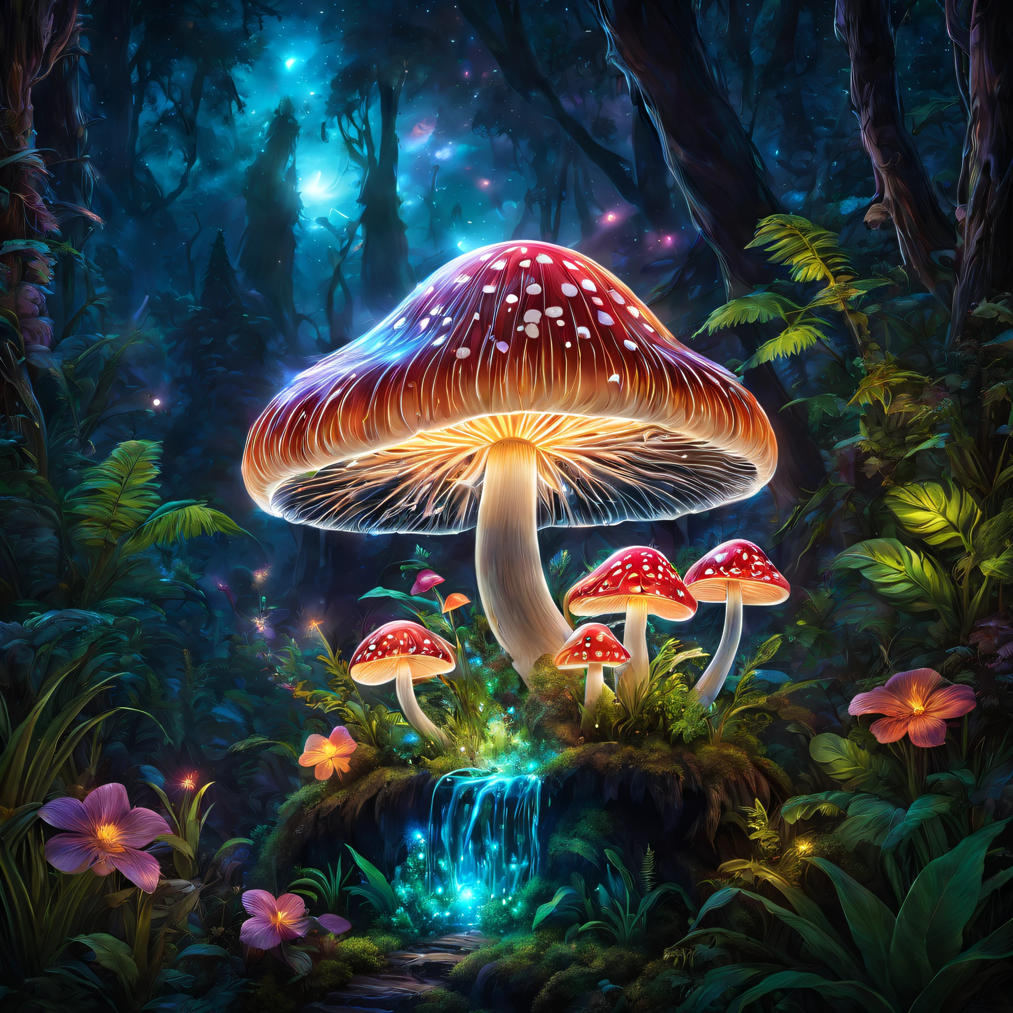 (((tmasterpiece))), (((Best quality))), ((intricately details)), ((hyper realisitc)), ((1 transparent glowing mushroom, Alone, Colorful transparent luminous plastic)), (Starry sky and nebula, Mysterious and dreamy forest，Dense trees，Weird and cute glowing mushrooms，magicle world，Charming dreamy mushroom jungle under the moonlight, waterfall man, and luminous creatures soaring in the night, Exotic flowers and plants are blooming，Enchanting dream jungle background in moonlight，The picture is spectacular), beatiful background, Light particles, suns rays, dramatic lights, 电影灯光, (midynight), (irregular), (mistic), (Ridiculous resources), like a dream, Disney, T-shirt design, vector,number art, psychedelic theme, vibrant with colors, Color saturation, Tranzip, PEICE sculpture, Colorful