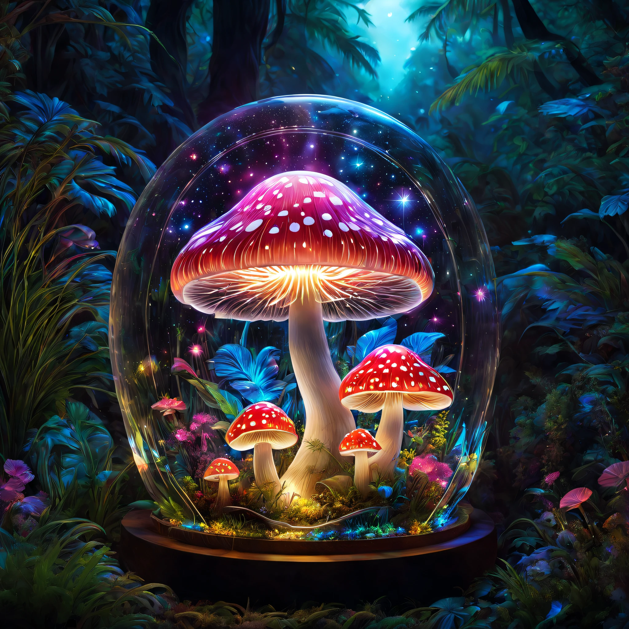 (((tmasterpiece))), (((Best quality))), ((intricately details)), ((hyper realisitc)), ((1 transparent glowing mushroom, Alone, Colorful transparent luminous plastic)), (Starry sky and nebula, Mysterious and dreamy forest，Dense trees，Weird and cute glowing mushrooms，magicle world，Charming dreamy mushroom jungle under the moonlight, waterfall man, and luminous creatures soaring in the night, Exotic flowers and plants are blooming，Enchanting dream jungle background in moonlight，The picture is spectacular), beatiful background, Light particles, suns rays, dramatic lights, 电影灯光, (midynight), (irregular), (mistic), (Ridiculous resources), like a dream, Disney, T-shirt design, vector,number art, psychedelic theme, vibrant with colors, Color saturation, Tranzip, PEICE sculpture, Colorful