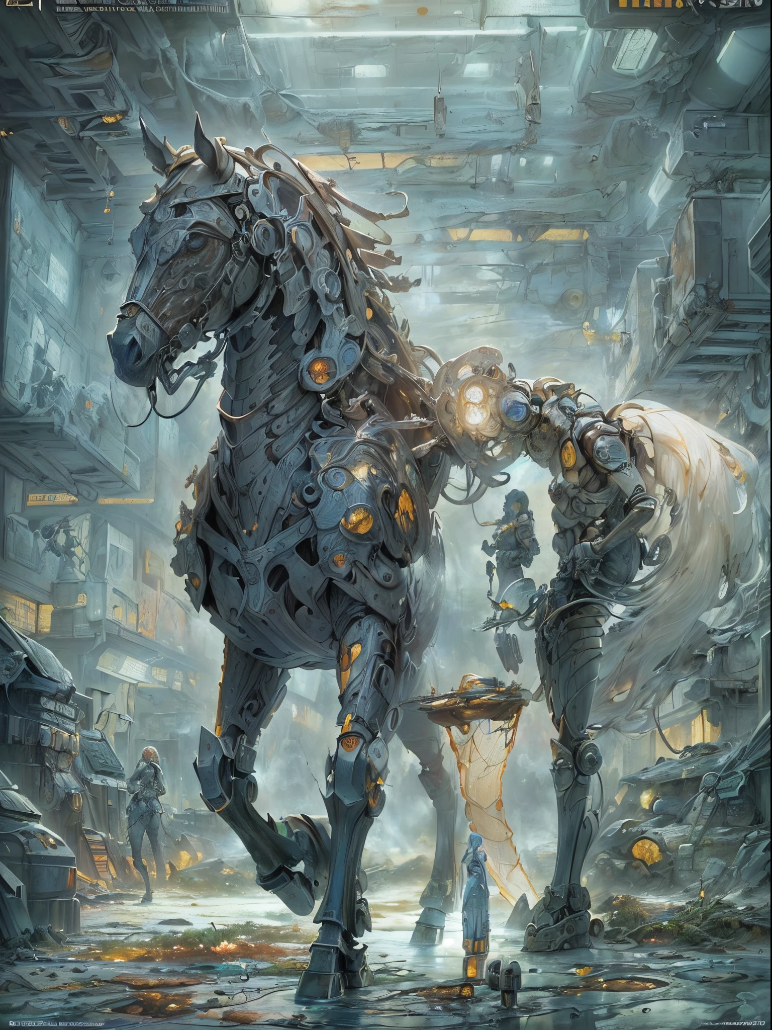 ((Finest quality)),(超A high resolution),(ultra-detailliert),(Meticulous portrayal),((Best Anime)),(Finest works of art),(Ultra-Precision Art),(The art of astounding depiction,Overwhelming depiction:1.5),(Complex and detailed science fiction art:1.6), (adult  woman:1.5),tight suits:1.5, (Mechanical Horse:1.5,), ((A devastated worldview:1.7)),