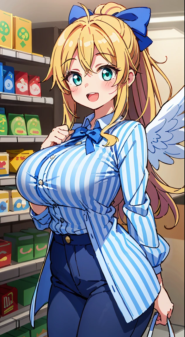(Cute illustration:1,2),(Absurd realistic structure details),(High resolution complex and detailed text quality),(High-resolution microstructure、High poly 3 boobs boobs boobs boobs D rendering correction),Methods of geometry,Careful explanatory anatomy,
BREAK,
1 beautiful girl, girl with, (Cute:1.5),(Chibi:0.5),(kawaii:2.0),(Lori:2.0),(12 year old girl),(large full breasts:1.65),(Ahoge,High Ponytail,Blonde hair, blue bow, Green eyes,eyebrows visible through hair,side locks,Parted bangs,Long hair, Hair Flower, Hair Ornament, Big ribbon in the hair, Curly hair,Bow:1.4),:D,(Angel,White feathers, one white winged, Angel wings,Spread wings, Glowing wings),pitt \(Kid Icarus\),gleaming skin, Clear skin, shining beautiful skin, Open mouth,Smile, Solo, tusk, Upper teeth,(long eyelashes, Double eyelids:1.2),Solo,gleaming skin, Clear skin, Beautiful skin,(best quality face),(Top quality glowing eyes),(The best smile,Doya face:1.45),BREAK, (calm and natural smile,open mouth:1.1)//(blue and white vertically striped shirt,dark blue chino pants:1.3)//standing,display shelves,(convenience store with modern white interior:1.3)//from side,centered,Waterfall,depth of fields,
BREAK,wakame,wakame,wakame,(dynamic angle:1.4),
BREAK,(Blurry background:1.3),(absurderes, hight resolution, Super Detail Art),cel shading,Clear Color, Lonely optical effect, Beautiful pictures, Bright glow, mystic atmosphere,(Close-up of girl:1.1), Mystical light particle effect,manga influence, clean line drawings,