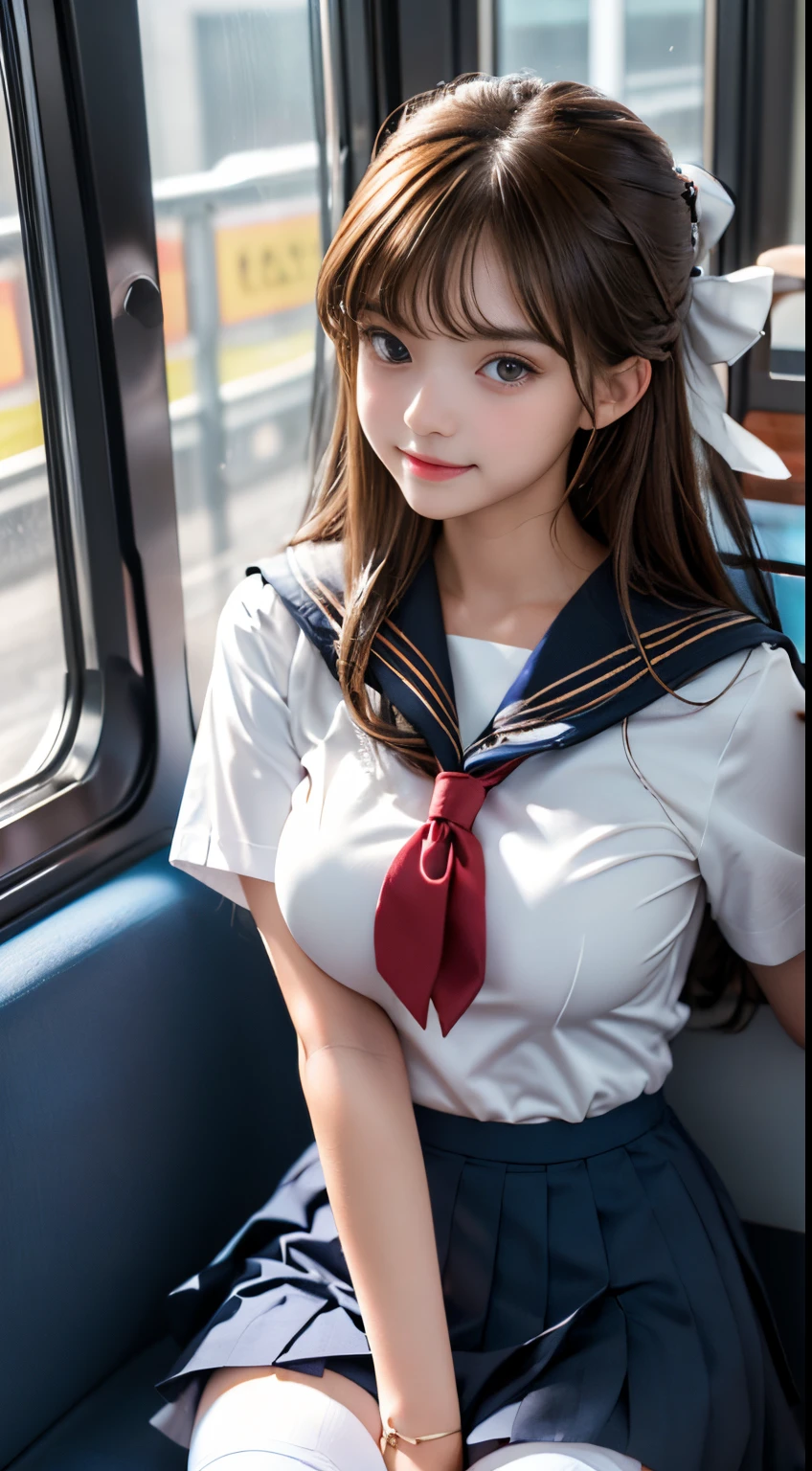 there is a young woman sitting on a train seat wearing a sailor outfit, a hyperrealistic schoolgirl, hyperrealistic schoolgirl, realistic young gravure idol, seifuku, sailor uniform, sat down in train aile, anime girl cosplay, japanese girl school uniform, sakimichan, girl wearing uniform, anime girl in real life