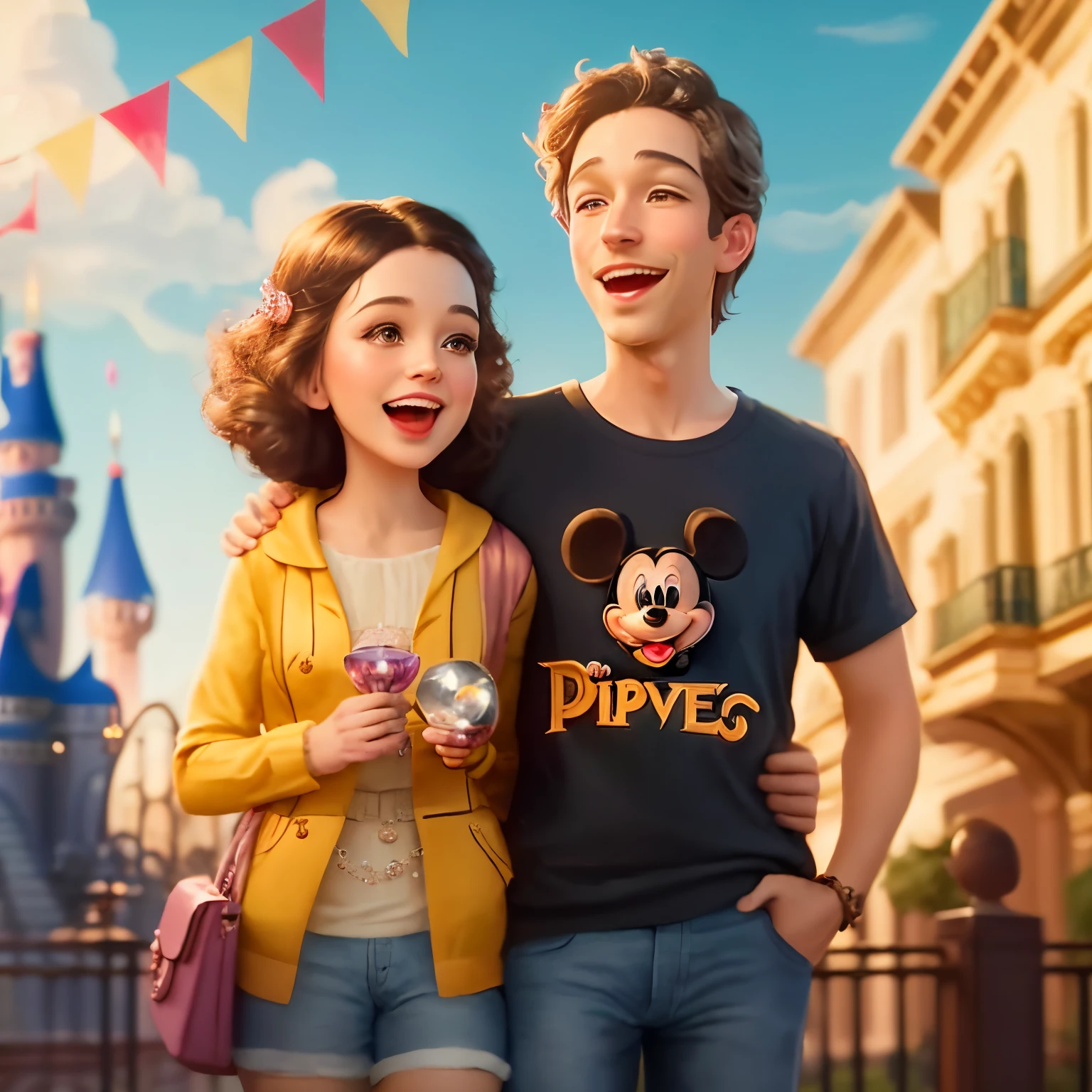 Por favor, Create an enchanting scene with Mickey Mouse and Minnie Mouse at a lavish dinner party inside an epic palace. The room is illuminated by a pink crystal chandelier providing an elegant and romantic atmosphere at dusk, The scene is depicted in an ...