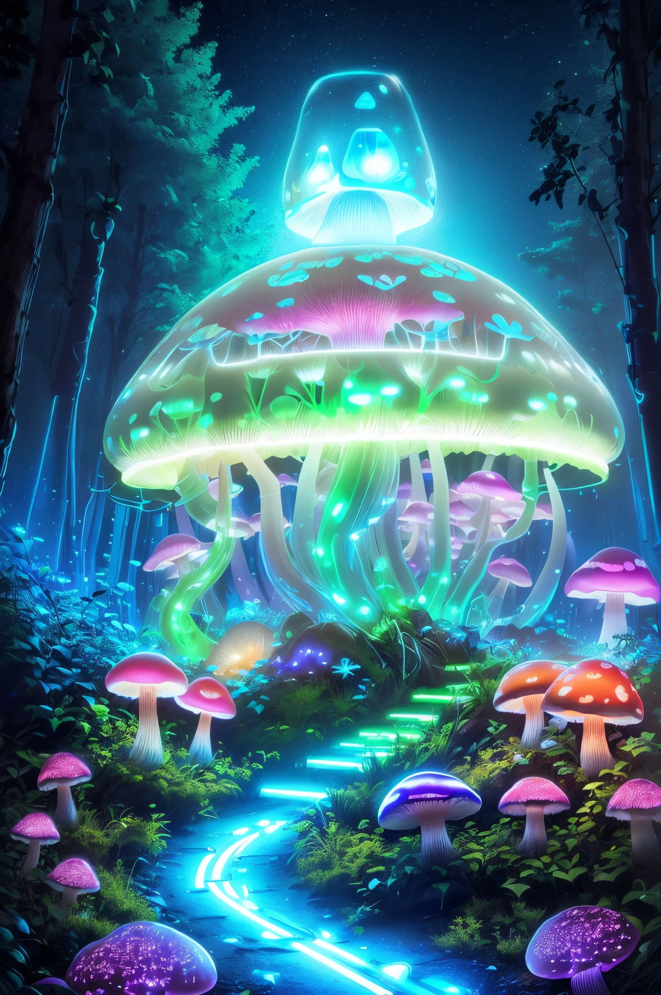 1 transparent glowing mushroom, Colorful transparent luminous plastic,cyber punk personage,industrial design,cleanness,luminous neon lights,forest backgrou,ultra-realistic realism,hyper HD,high detal,Best quality at best,8K