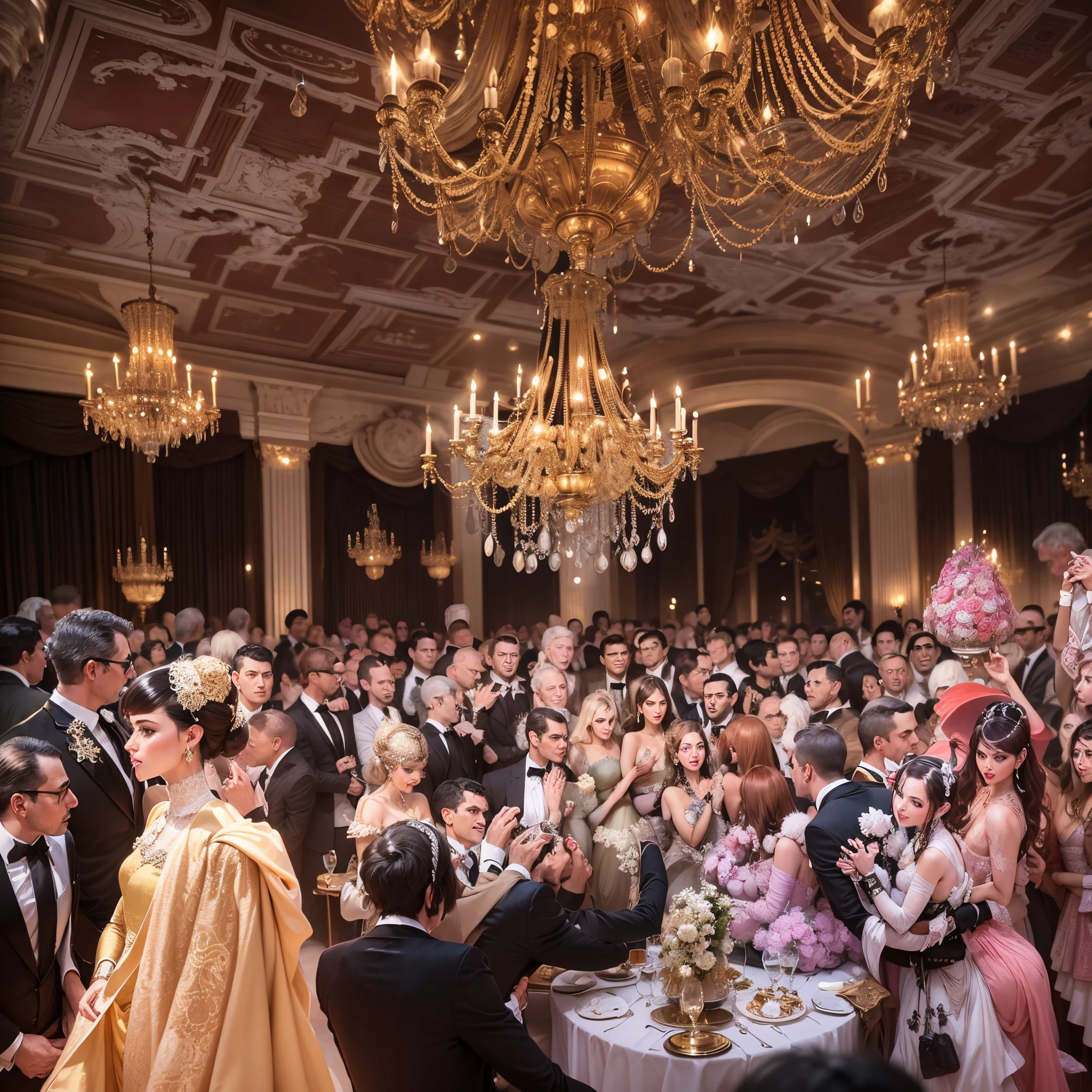 "Explore a grandiosidade da festa mais luxuosa de 1971, Destacando os trajes extravagantes, os convidados proeminentes, the opulent decoration and the remarkable moments that made this celebration a milestone in the history of high society parties. Highlight the technological innovations and unique details that made this event an unforgettable event, representing the height of luxury and sophistication of the time."