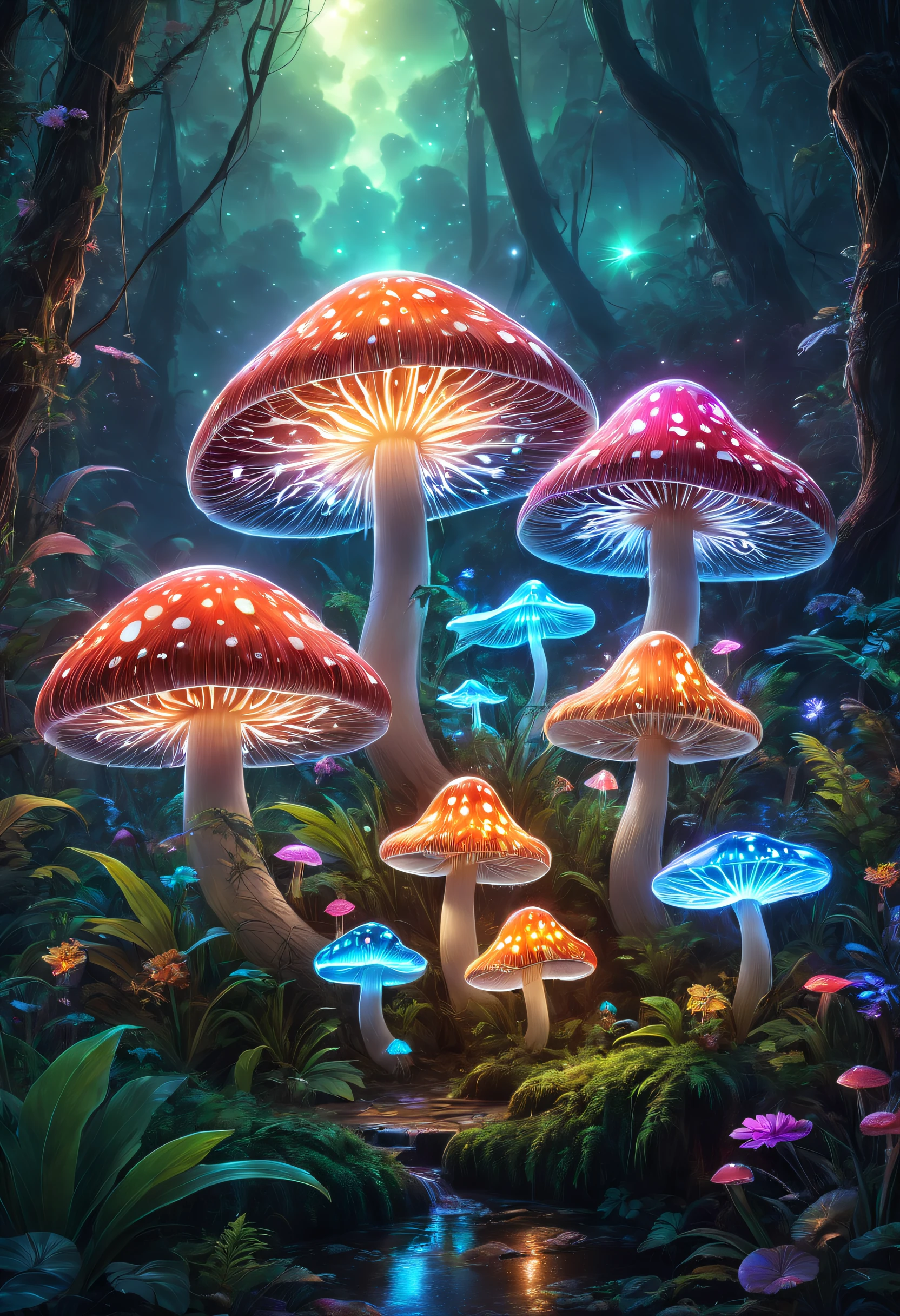 (((tmasterpiece))), (((Best quality))), ((intricately details)), ((hyper realisitc)), ((1 transparent glowing mushroom, Alone, Colorful transparent luminous plastic)), (Starry sky and nebula, Mysterious and dreamy forest，Dense trees，Weird and cute glowing mushrooms，magicle world，Charming dreamy mushroom jungle under the moonlight, waterfall man, and luminous creatures soaring in the night, Exotic flowers and plants are blooming，Enchanting dream jungle background in moonlight，The picture is spectacular), beatiful background, Light particles, suns rays, dramatic lights, 电影灯光, (midynight), (irregular), (mistic), (Ridiculous resources), like a dream, Disney, T-shirt design, vector,number art, psychedelic theme, vibrant with colors, Color saturation, Tranzip, PEICE sculpture, Colorful