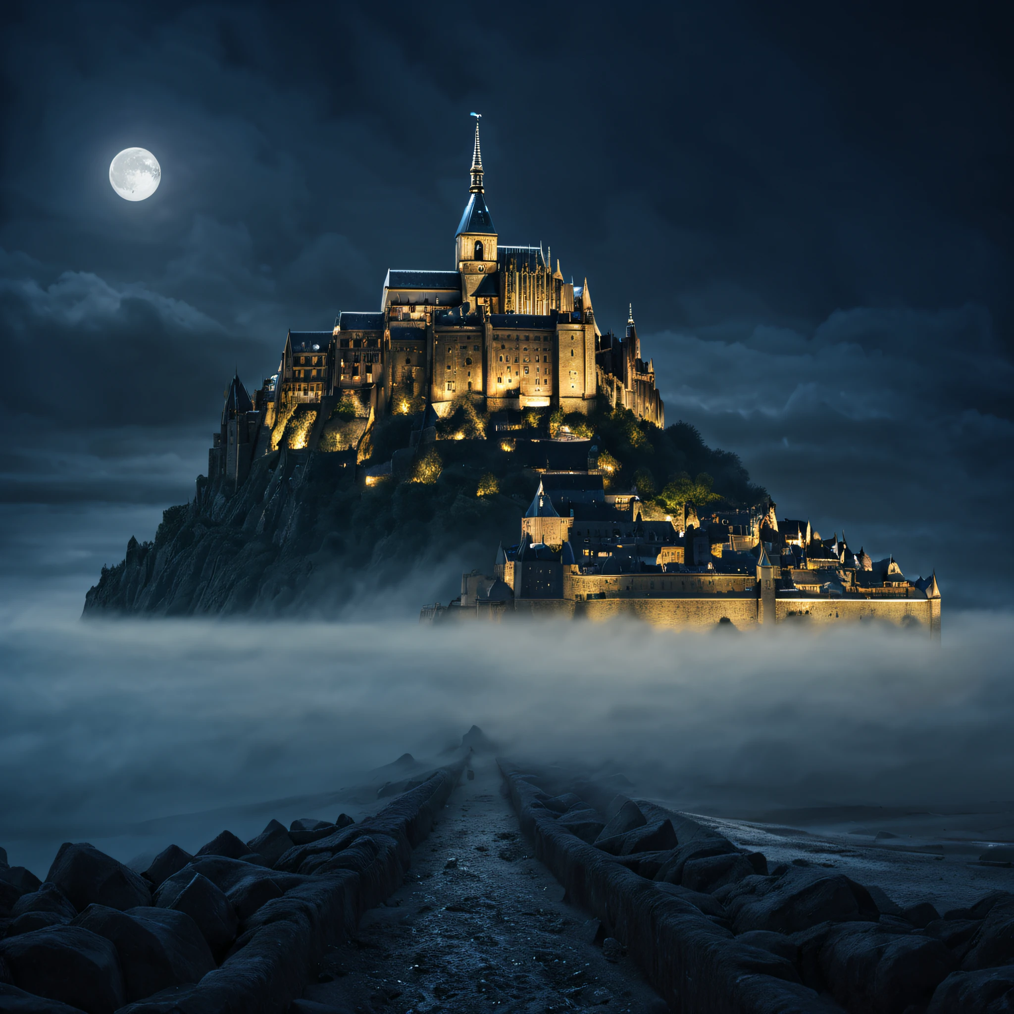 movie scenes, mont-saint-michel, magnificent, night, moonlight, mist, bat, mysterious, ancient, intricate detail, highly detailed, volumetric lighting, 4k rendering, stock photo, ultra-realistic, realistic textures, dramatic lighting, depth of field, film, (very wide angle: 1.3), dark light