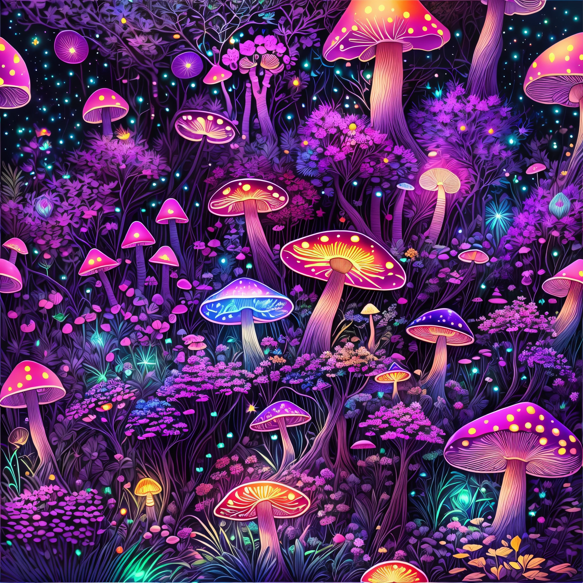 (((tmasterpiece))), (((Best quality at best))), ((intricately details)), ((Hyper-realistic)), ((1 transparent glowing mushroom, Solo, Colorful transparent luminous plastic)), (Starry sky and nebula, A mysterious dreamy forest，Dense trees，Weird and cute glowing mushrooms，magicle world，Charming dreamy mushroom jungle under the moonlight, waterfallr, and luminous creatures soaring in the night, Exotic flowers and plants are blooming，Enchanting dream jungle background in moonlight，The picture is spectacular), beatiful background, Light particles, suns rays, dramatic lights, 电影灯光, (midynight), (irregular), (mistic), (absurd res), dream-like, Disney, T-shirt design, Vector,number art, psychedelic theme, vivd colour, Saturated color